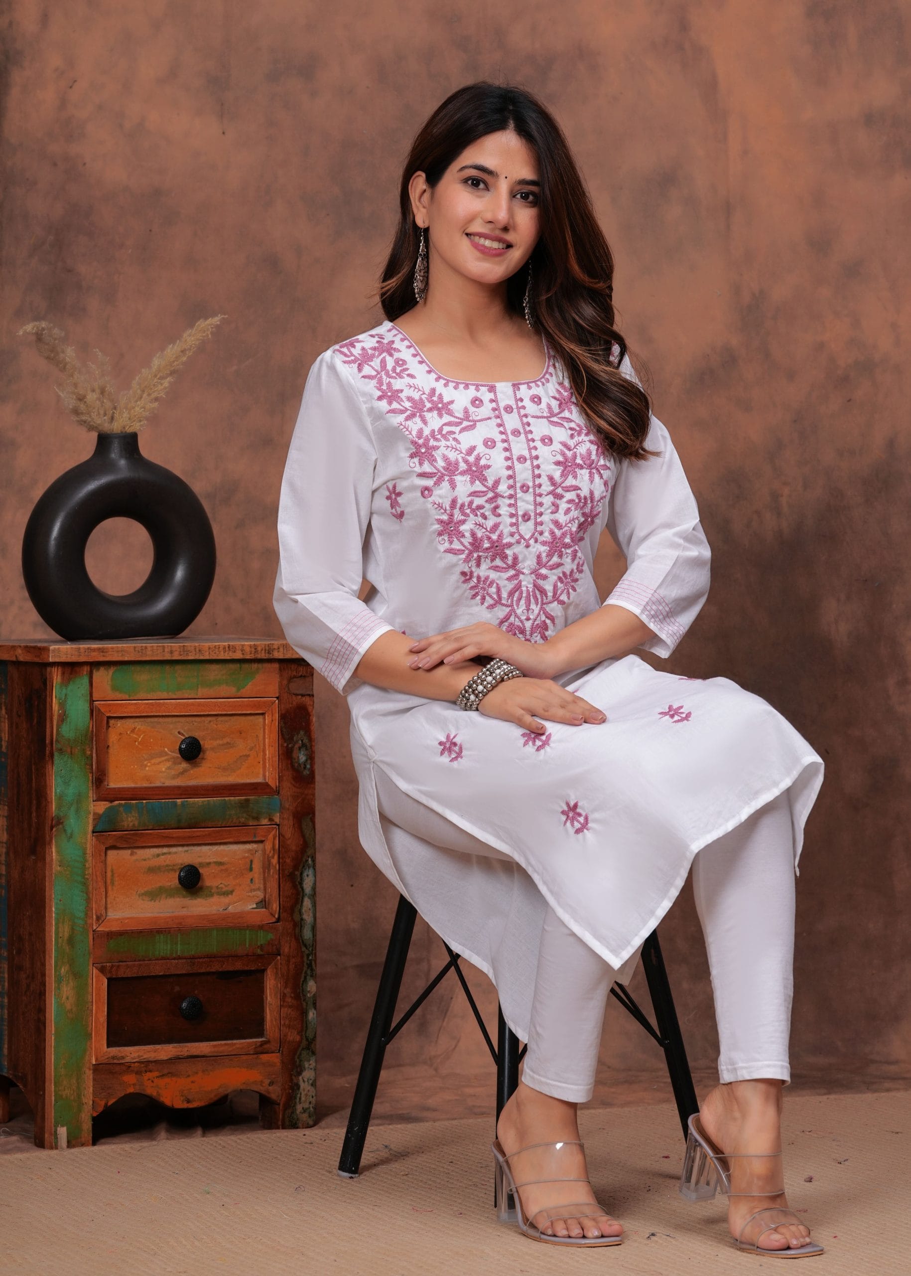 "Zoya Cotton Pink Embroidery Straight Kurti"