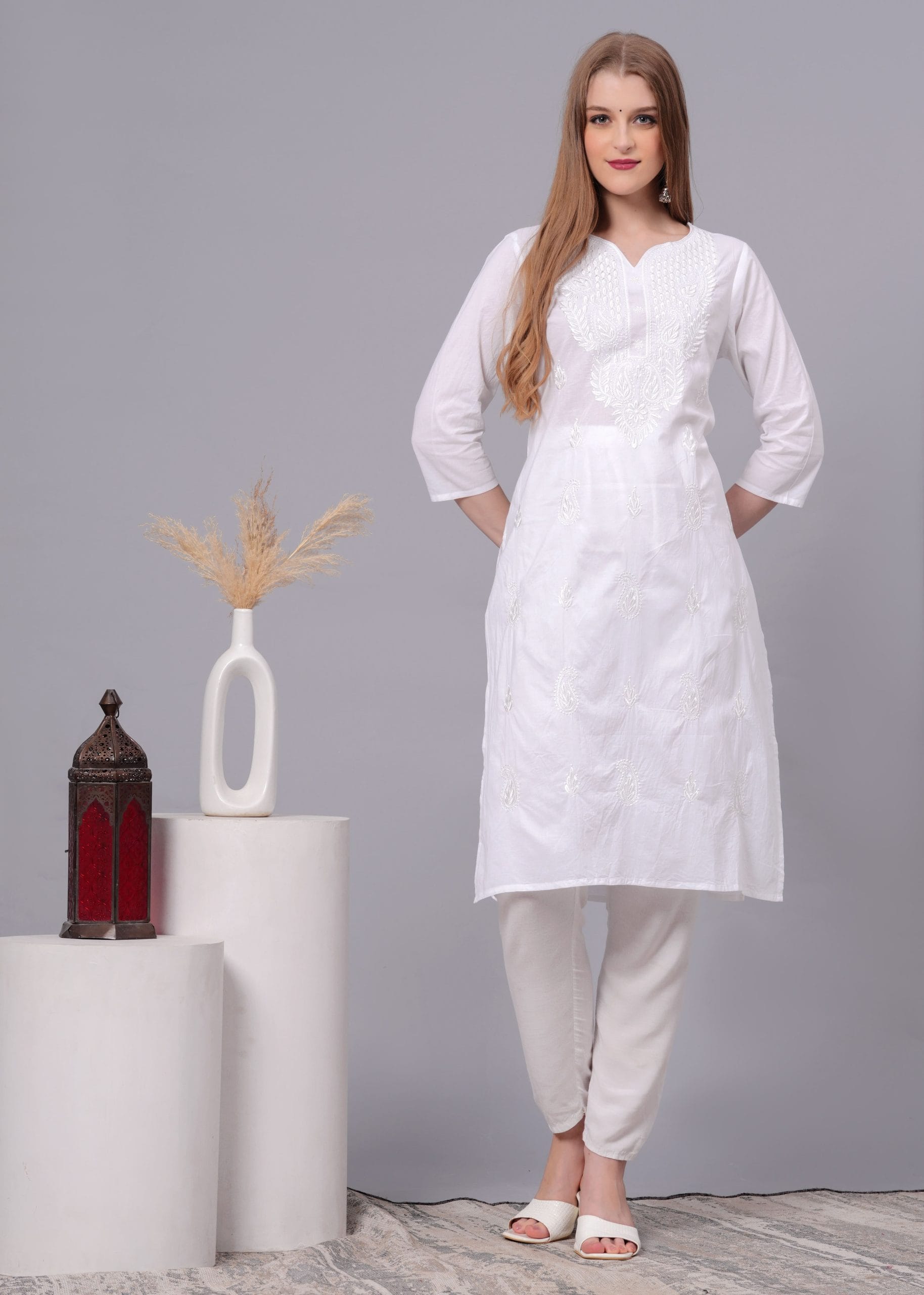 Cotton White Embroidery Straight Kurti by Vaaki