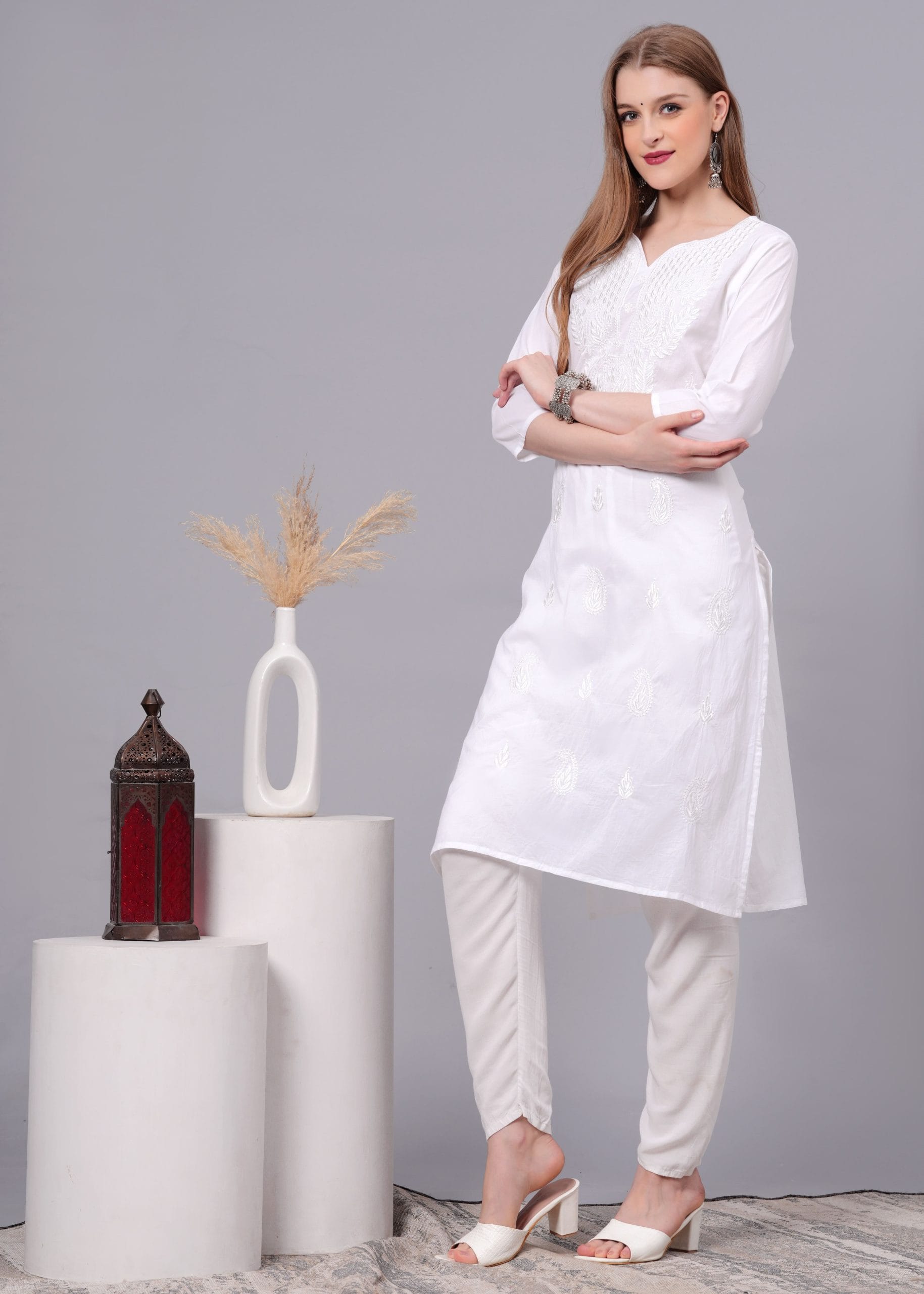 Cotton White Embroidery Straight Kurti - View 5