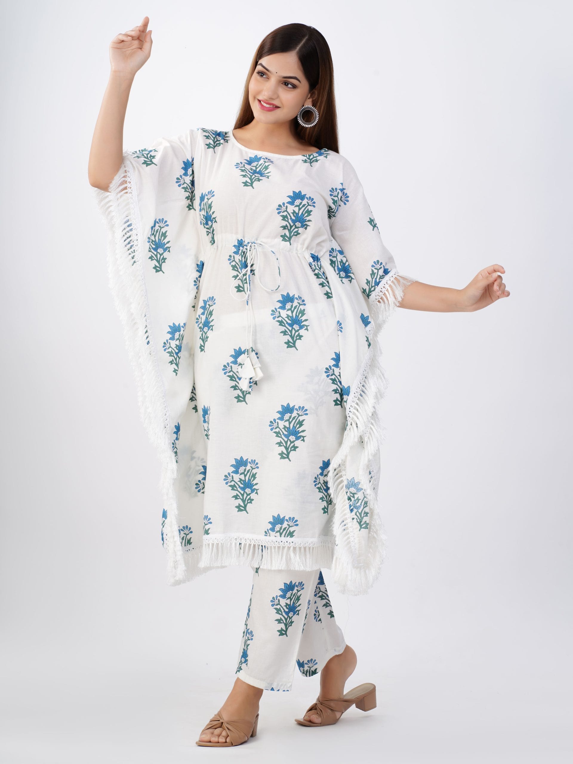 White Blue Floral Kaftan Pant Set - View 5