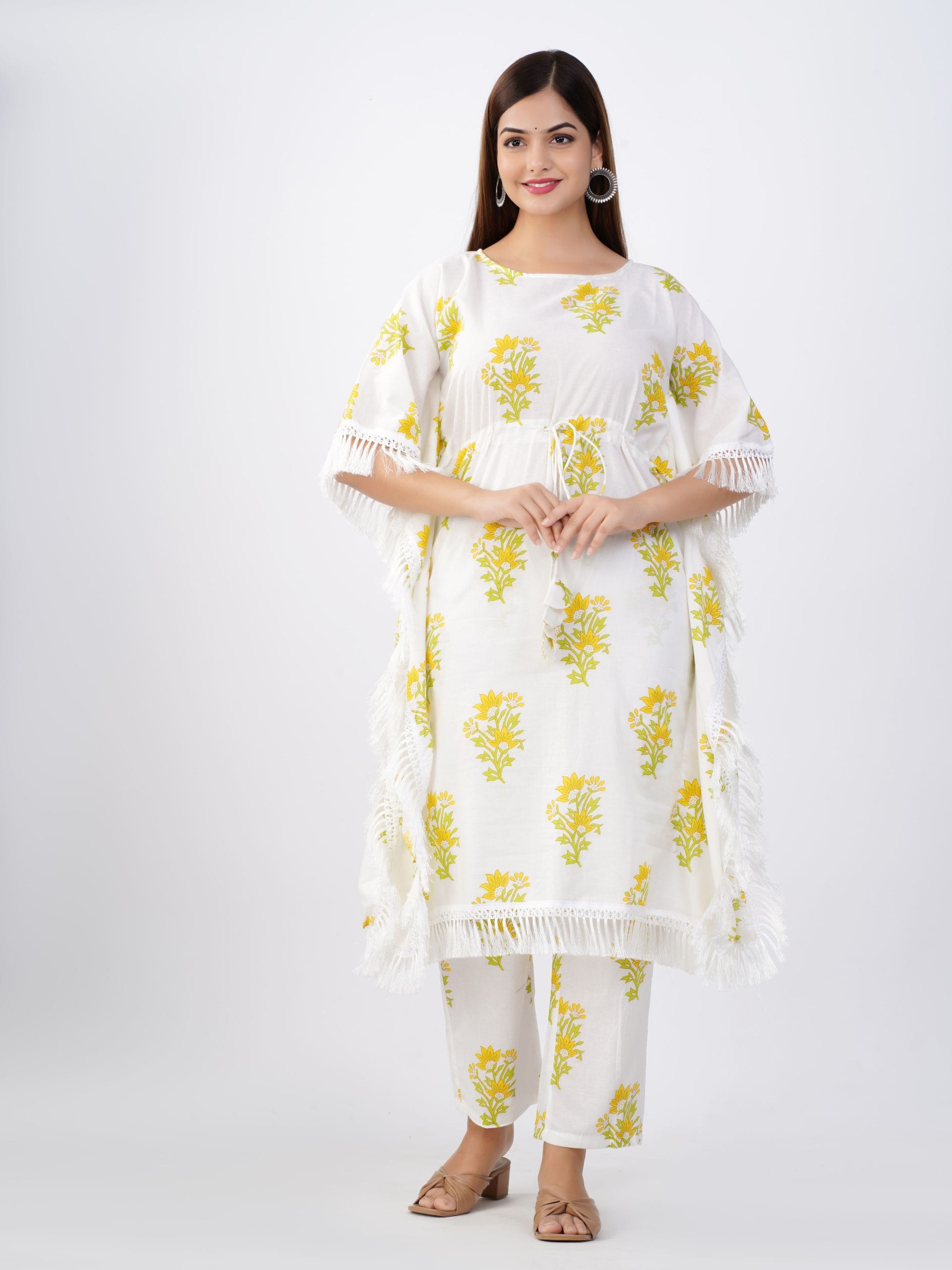 Yellow Floral Kaftan Pant Set by vaaki