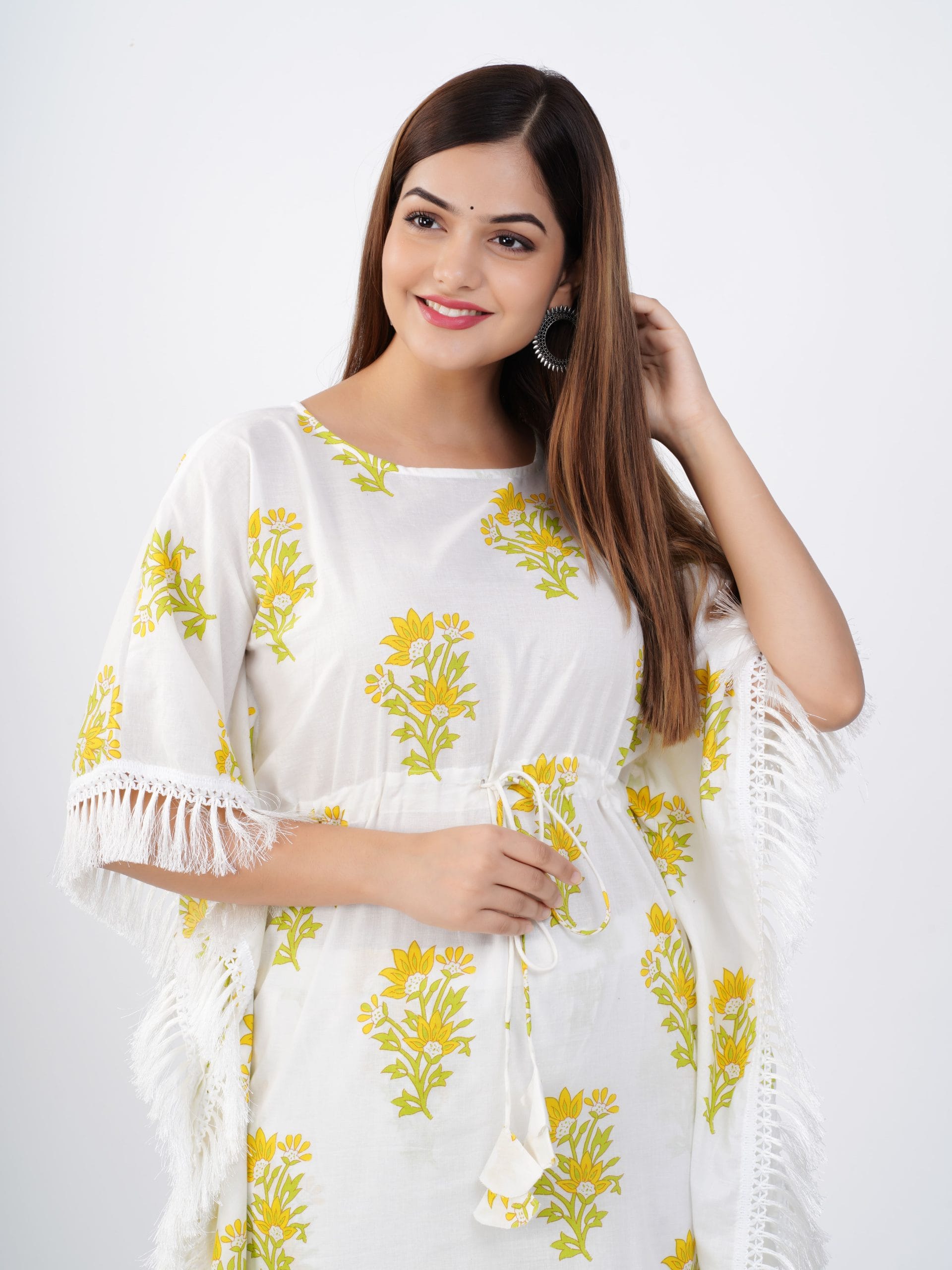 Yellow Floral Kaftan Pant Set - View 4