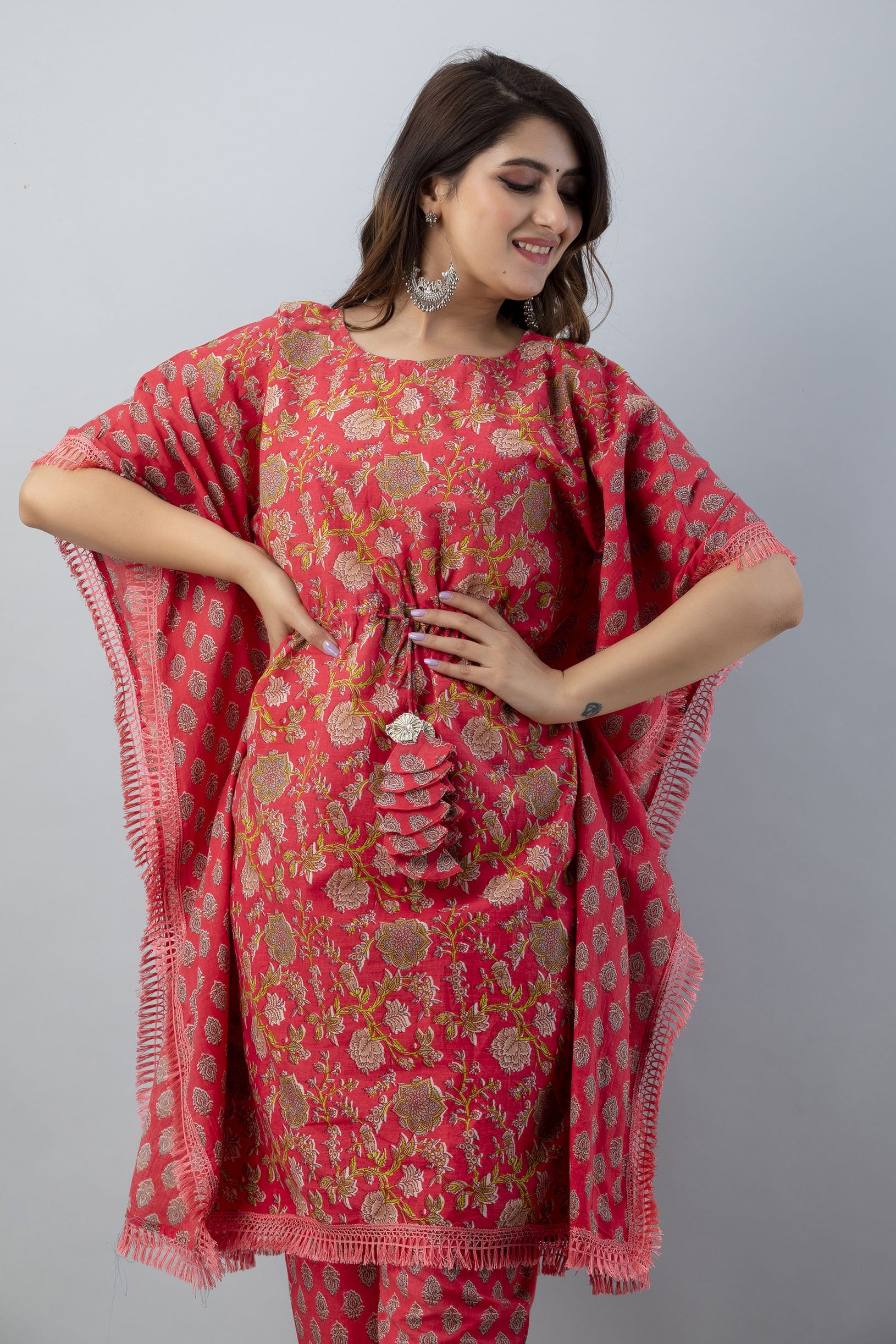 Red Floral Cotton Kaftan Pant Set - View 3