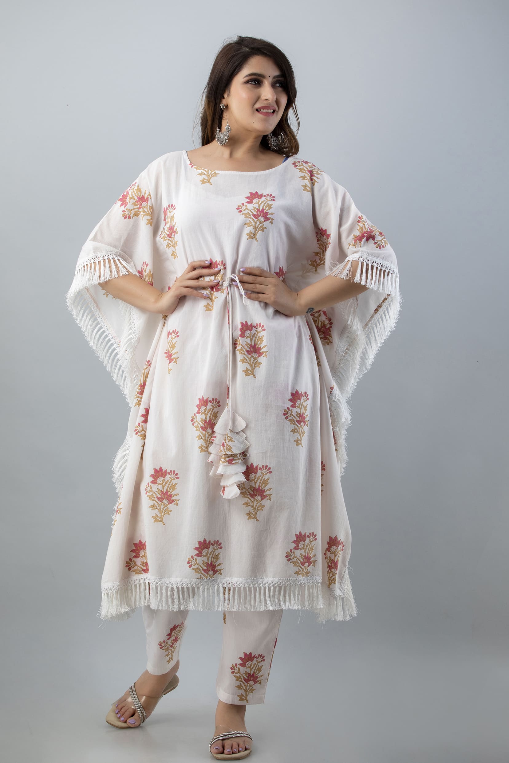 Festive Rouge Bloom – Ivory Warm Floral Rayon Kaftan Pant Set by Vaaki