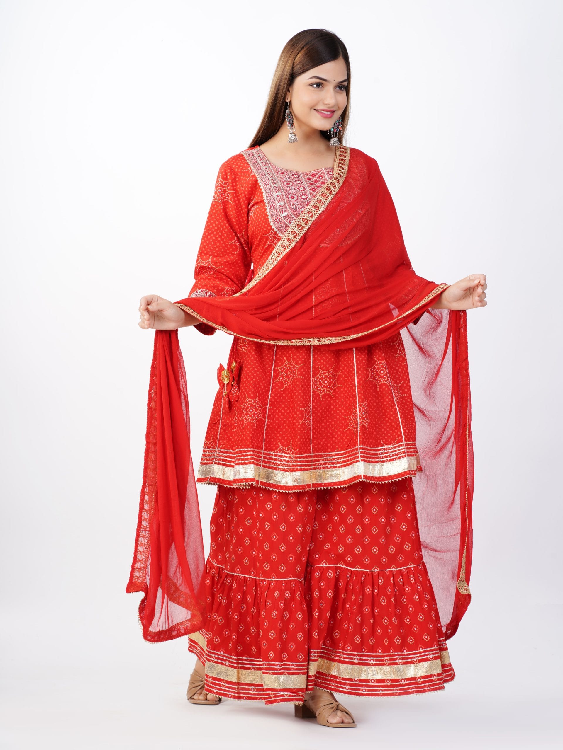 Zehra Red Flared Kurta Sharara Dupatta Set - View 3