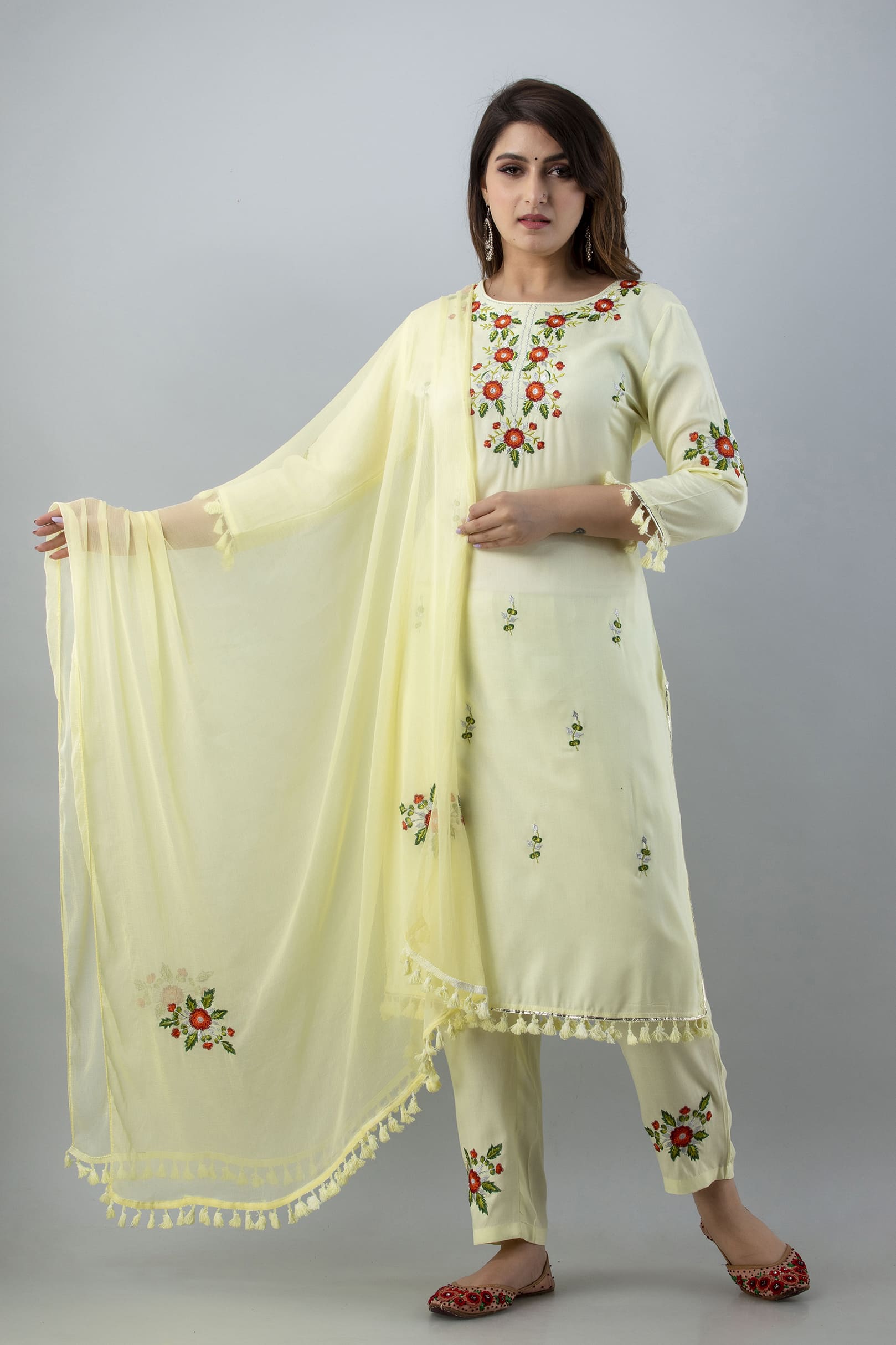 Beige Embroidered Kurta Pant Dupatta Set by Vaaki