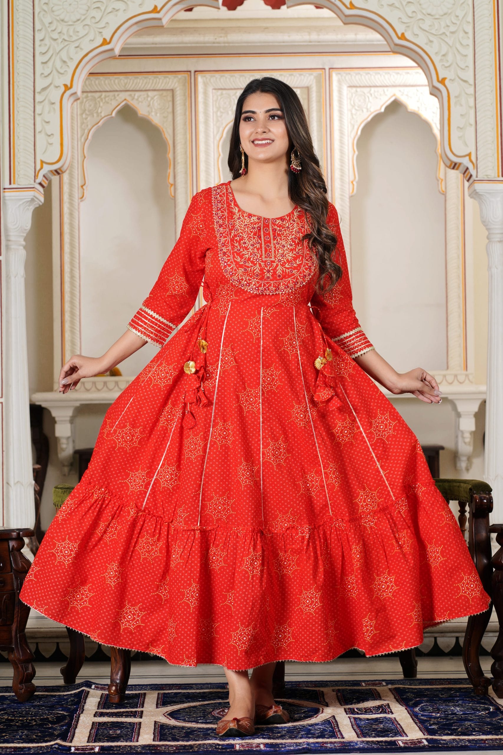 Aabha Red Embroidered Anarkali Kurta for Women