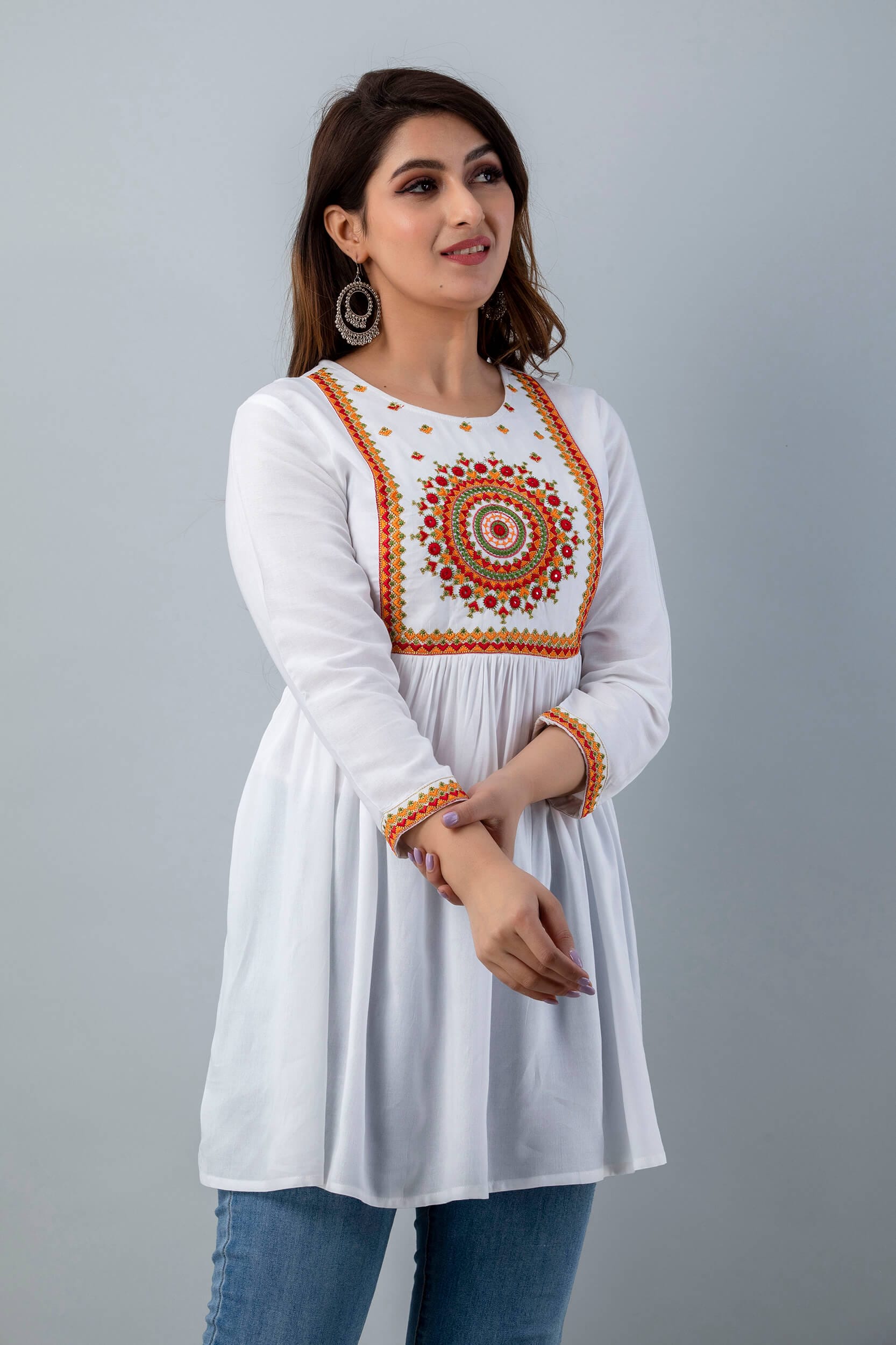 Rangoli White Embroidered Short Top - View 3