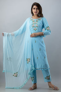 Aisha SkyBlue Embroidered Rayon Straight Kurta Set