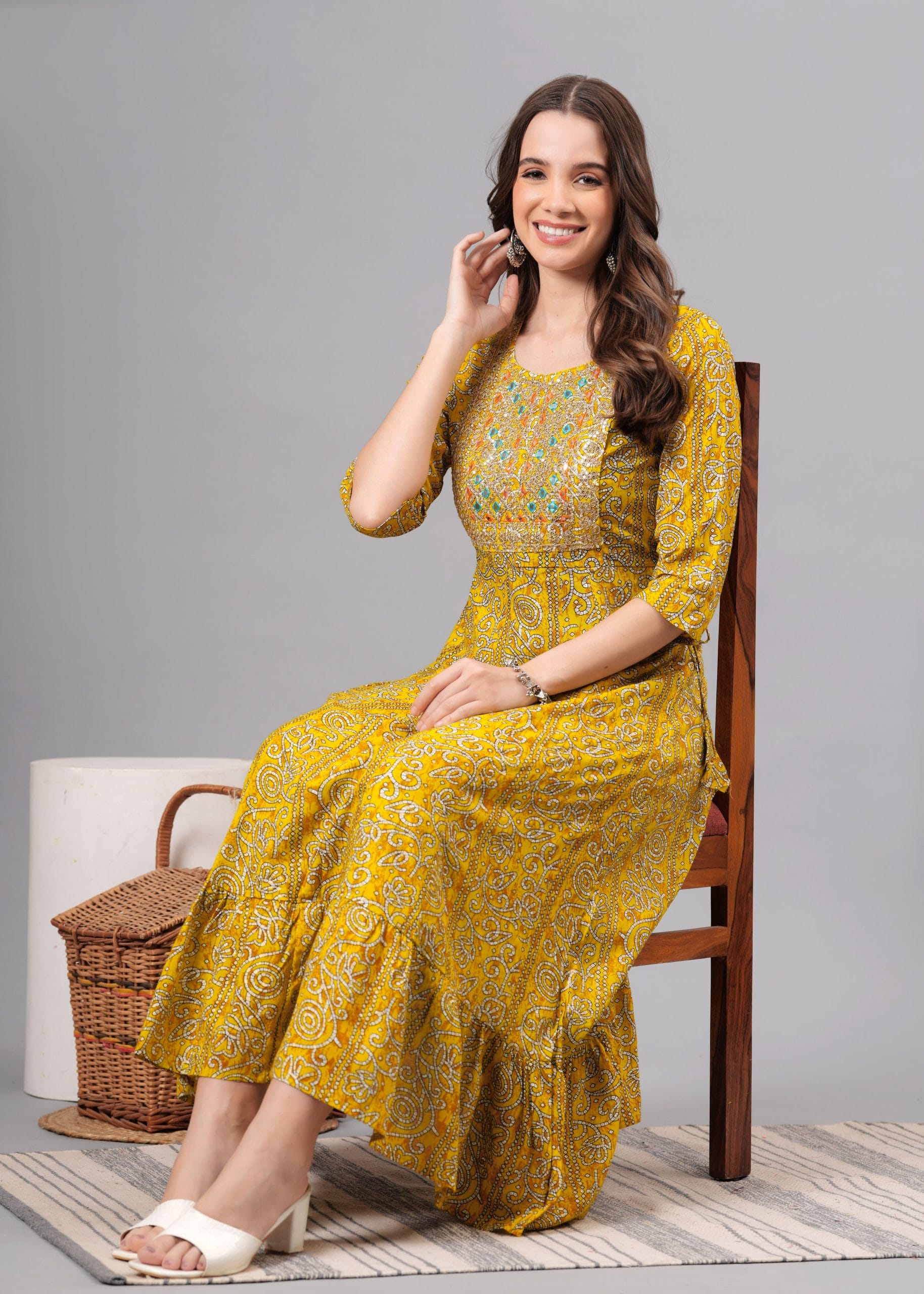 "Yellow Printed Anarkali Flared Kurta"