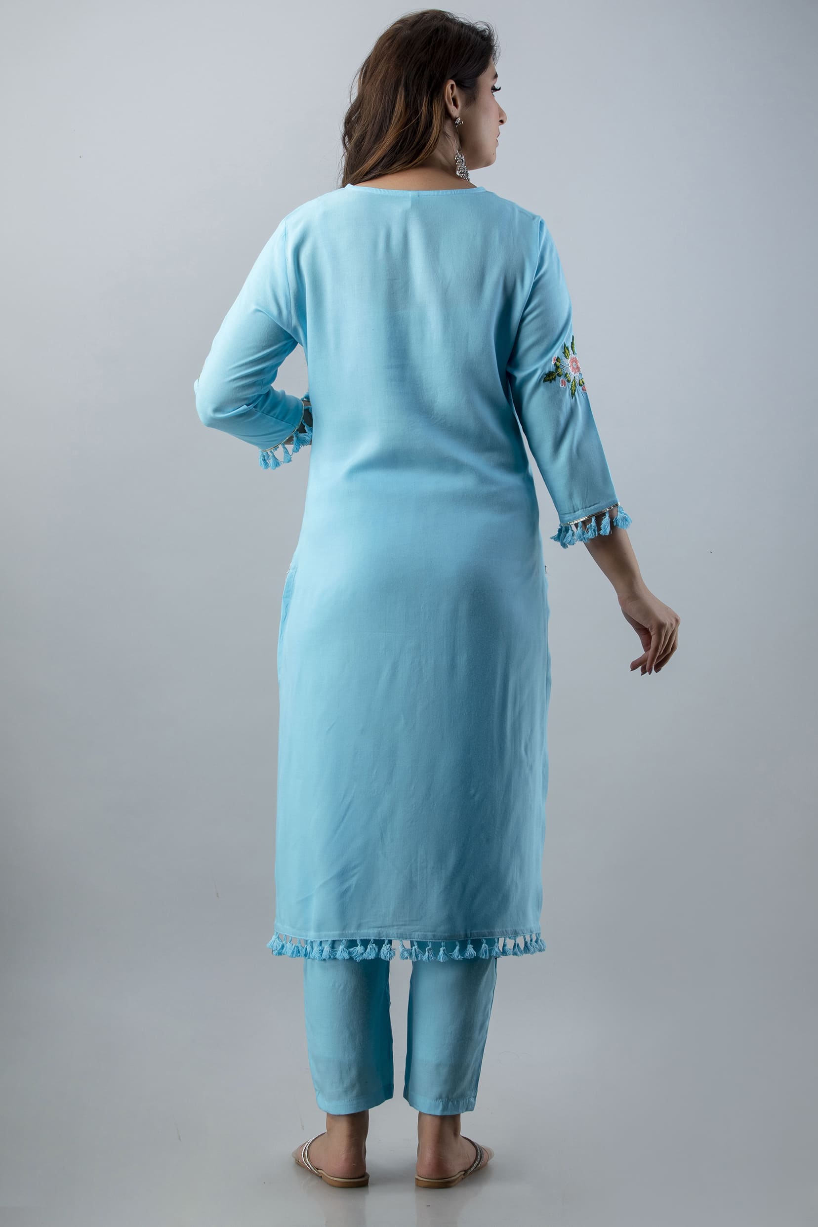 SkyBlue Embroidered Rayon Straight Kurta Set - View 2