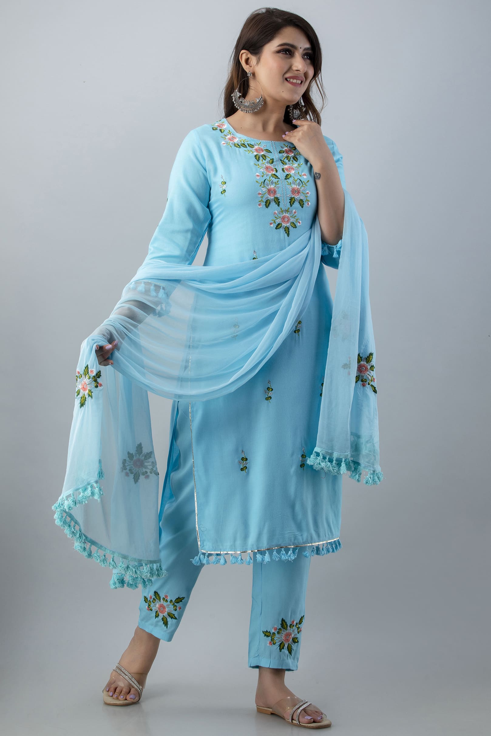 SkyBlue Embroidered Rayon Straight Kurta Set - View 3