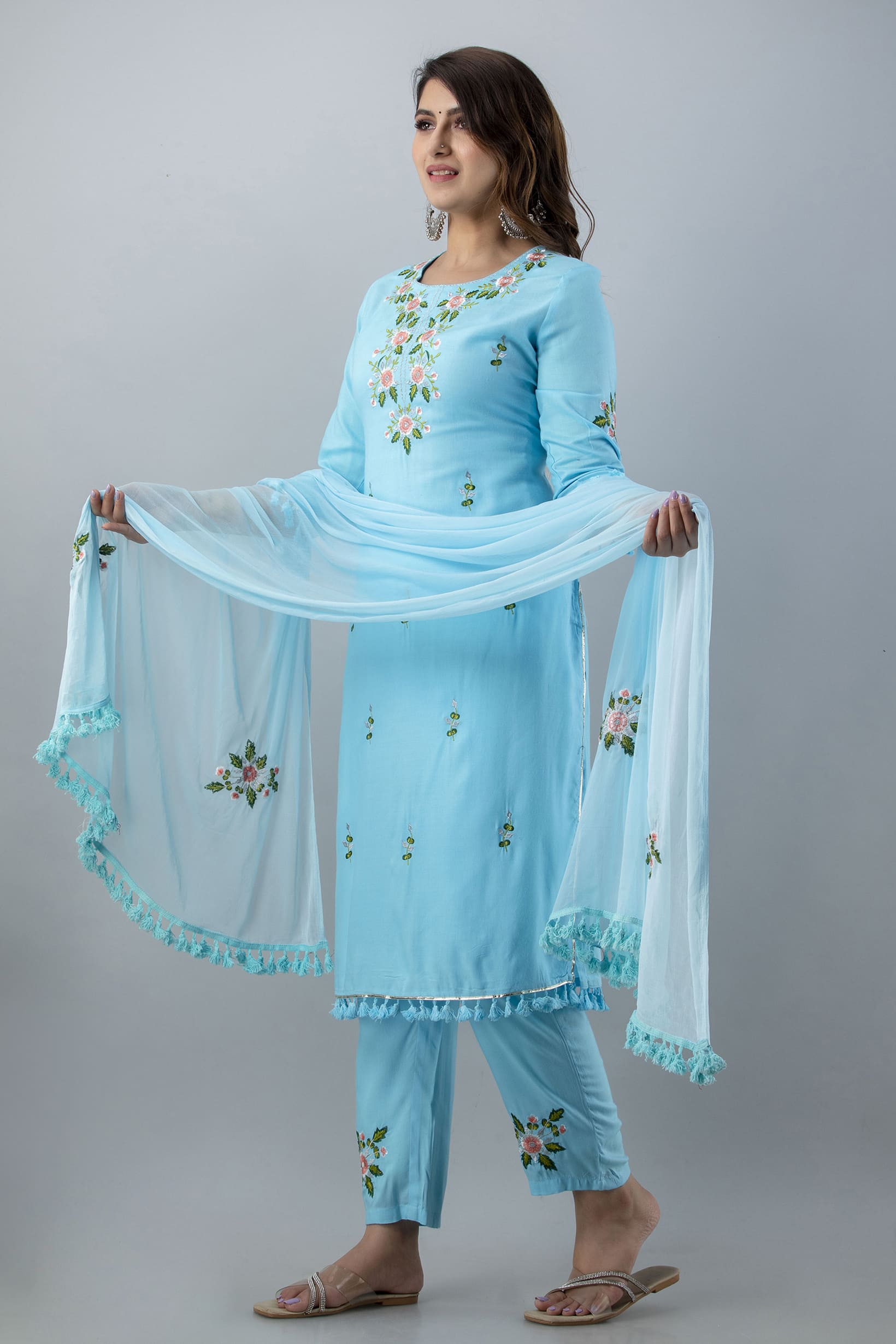 SkyBlue Embroidered Rayon Straight Kurta Set - View 5