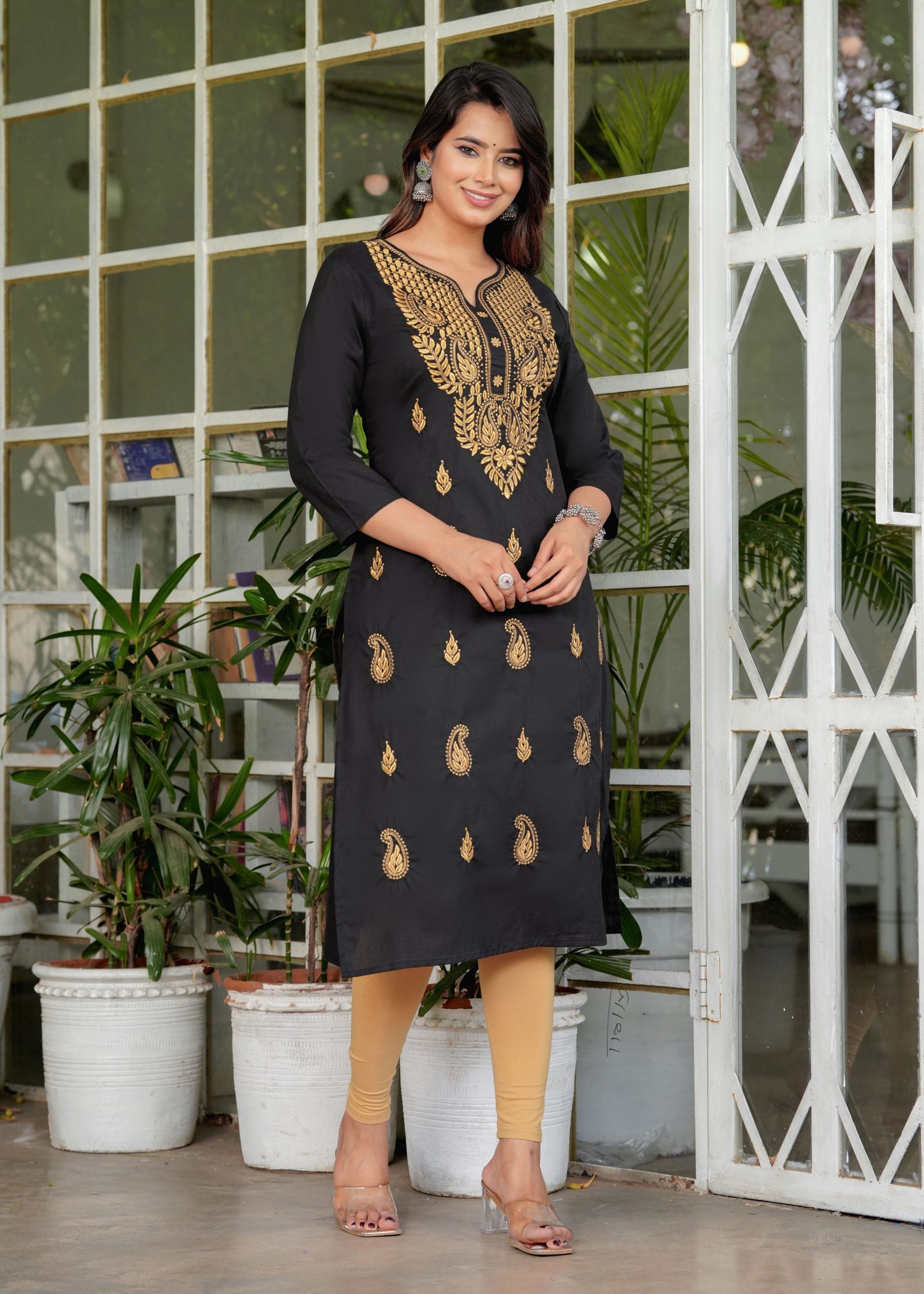 Gold Embroidery Black Straight Kurti - View 3