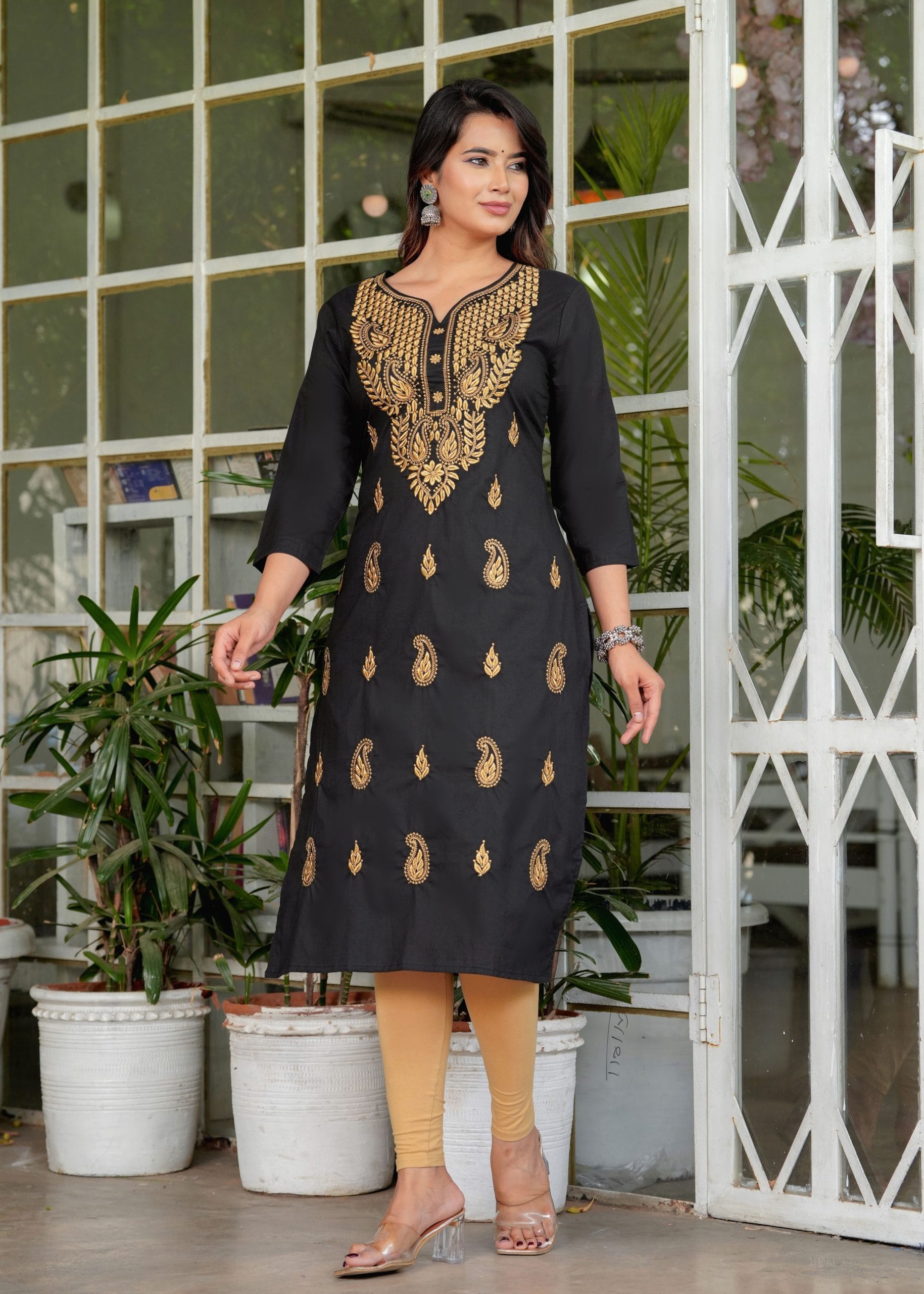 Gold Embroidery Black Straight Kurti - View 5