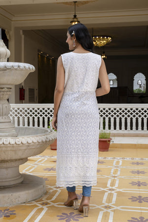 Aarvi White Chikankari Sleeveless Straight Kurti