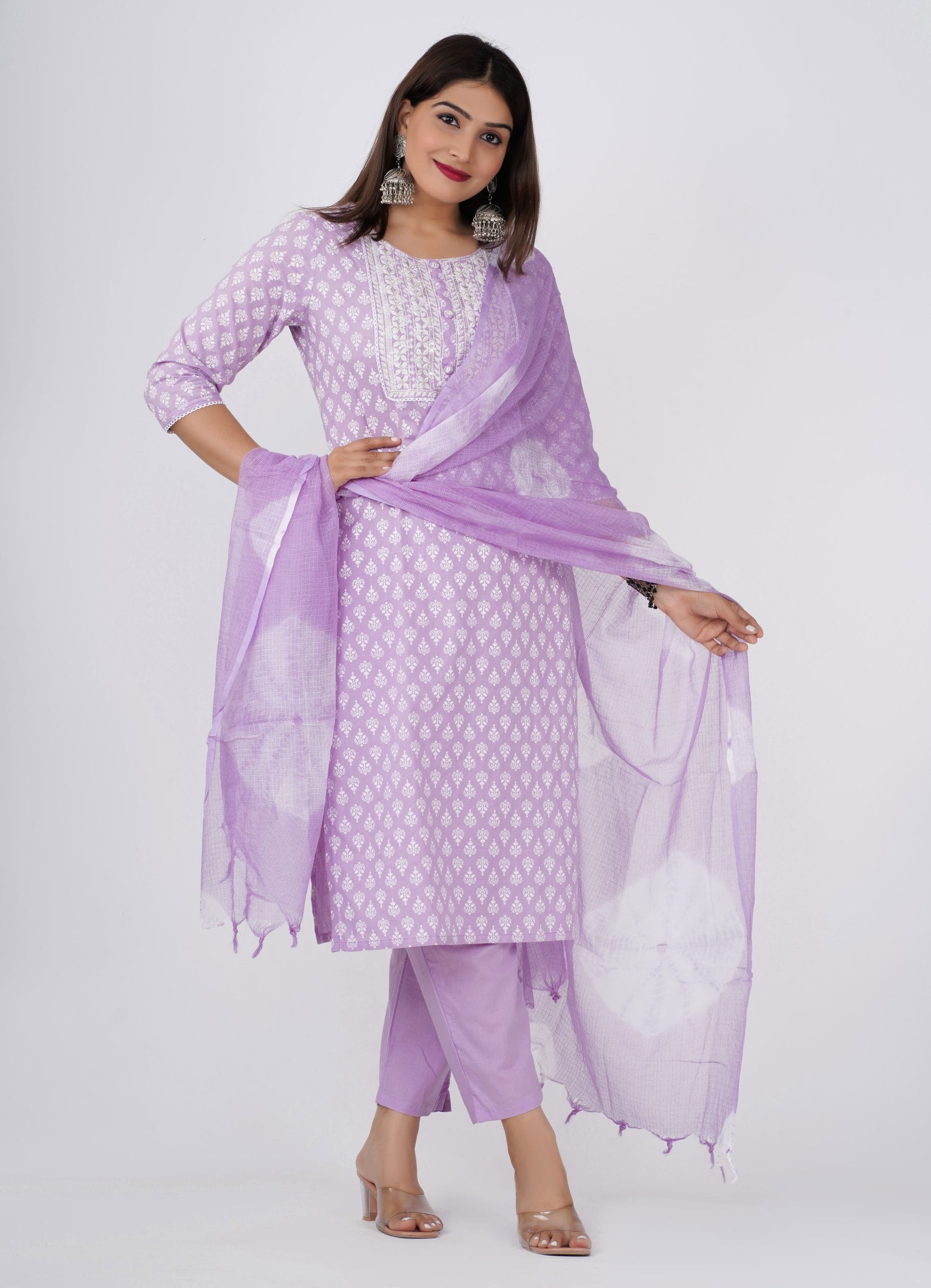 Zyani Purple Kurti Pant & Dupatta Set - View 3