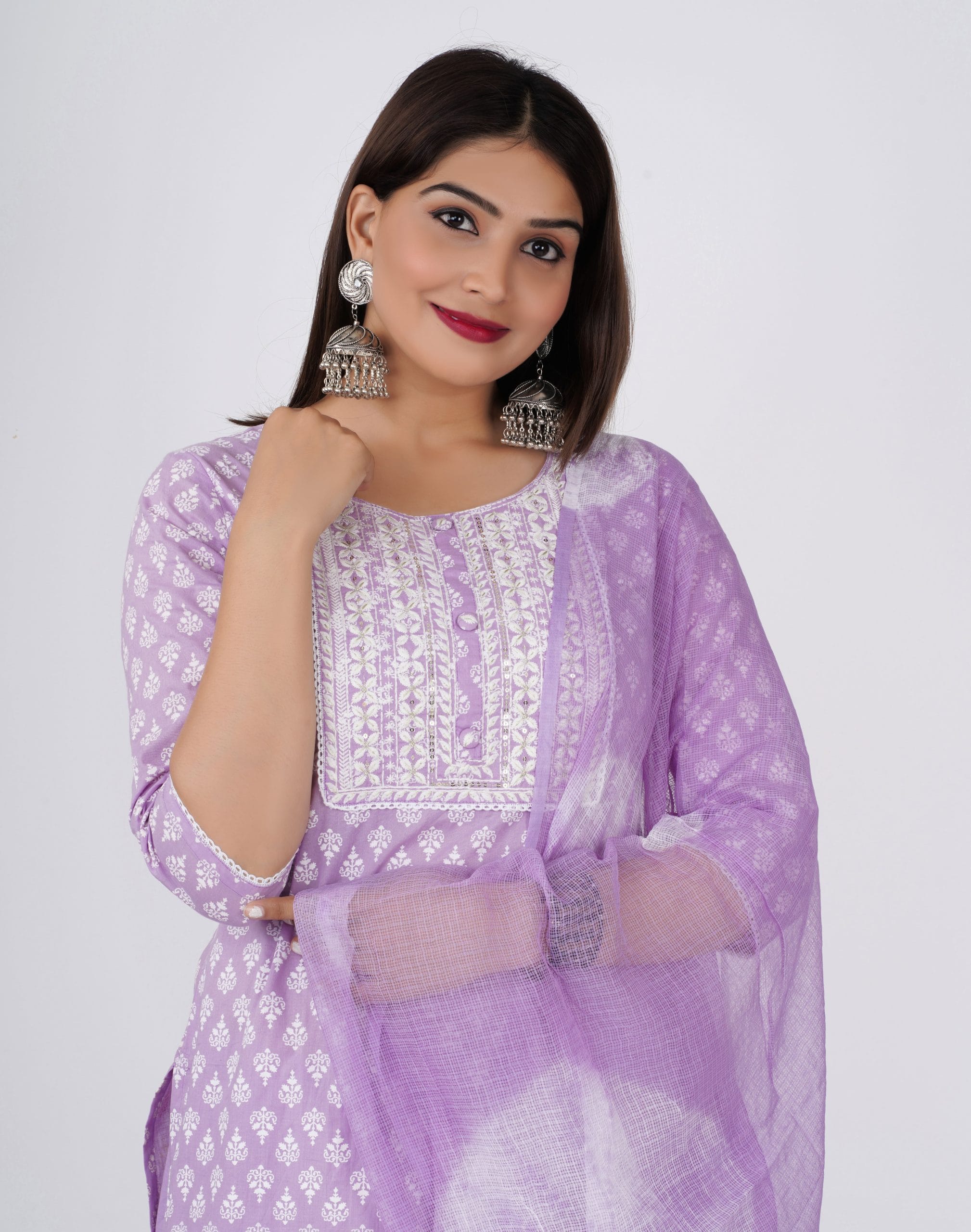 Zyani Purple Kurti Pant & Dupatta Set - View 4