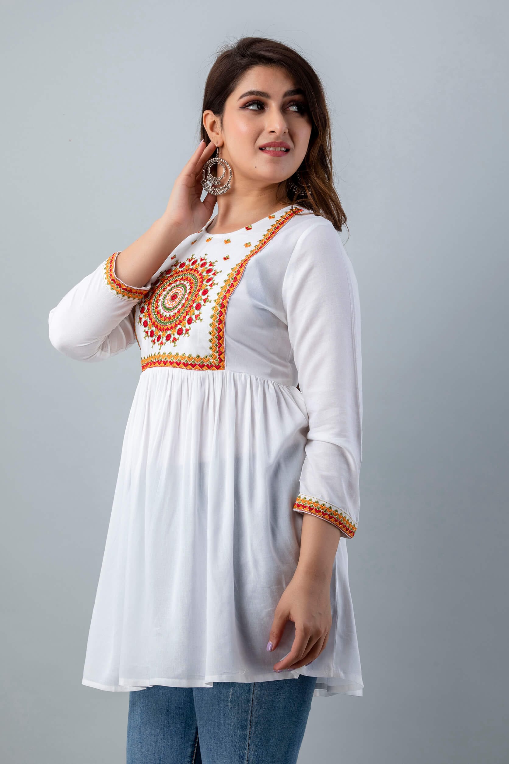 Rangoli White Embroidered Short Top - View 4