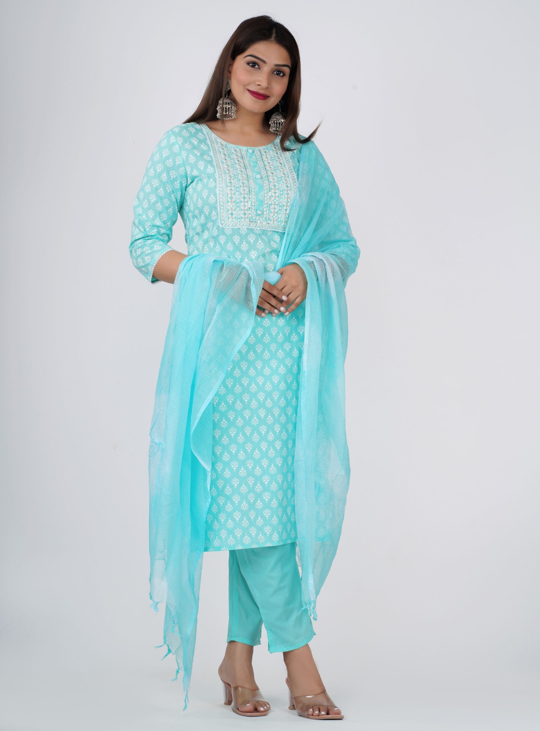Zyani Sky Blue Kurti with Dupatta Set - View 3