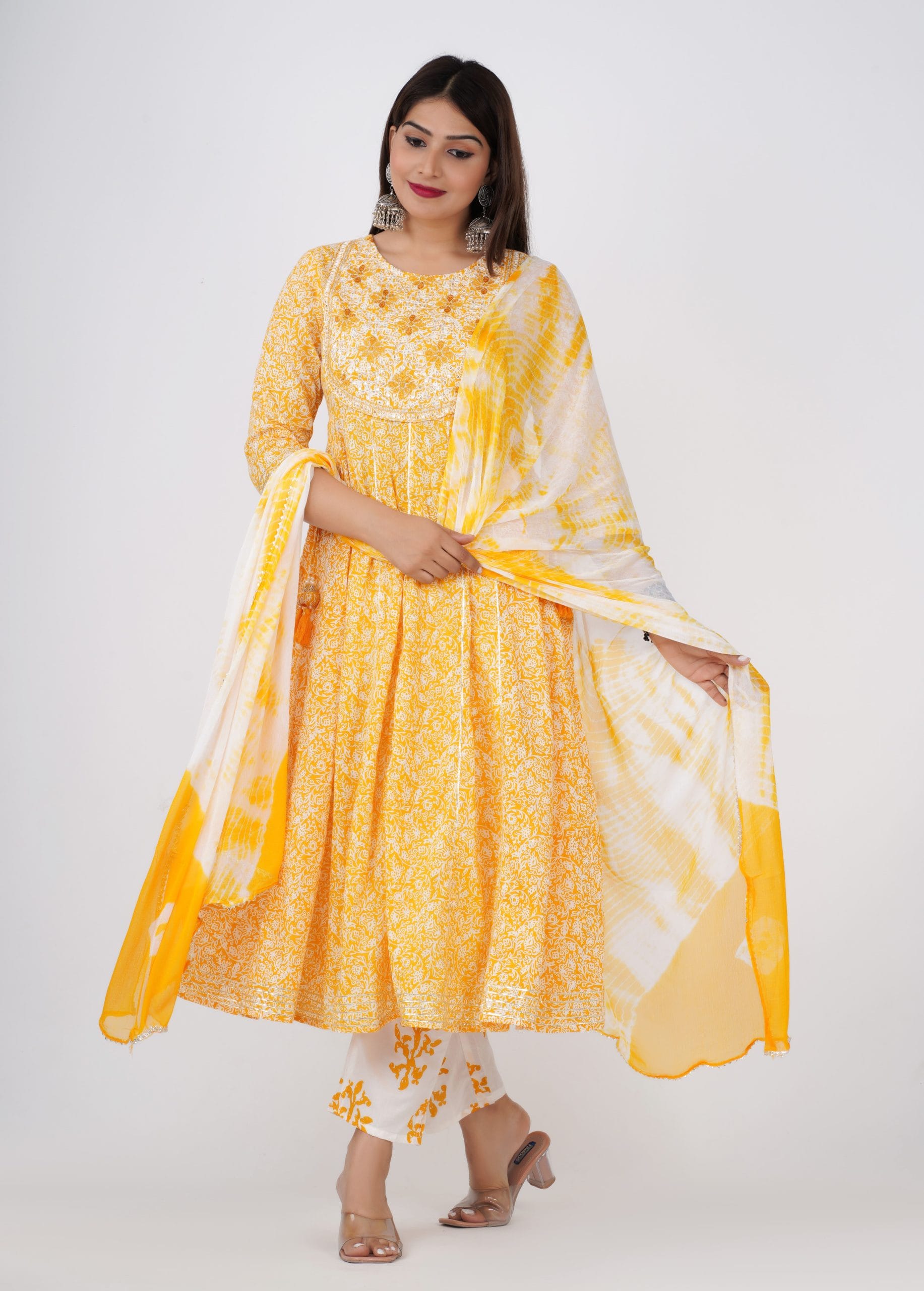 Amara Yellow Anarkali Kurti with Pant & Dupatta Set - View 4