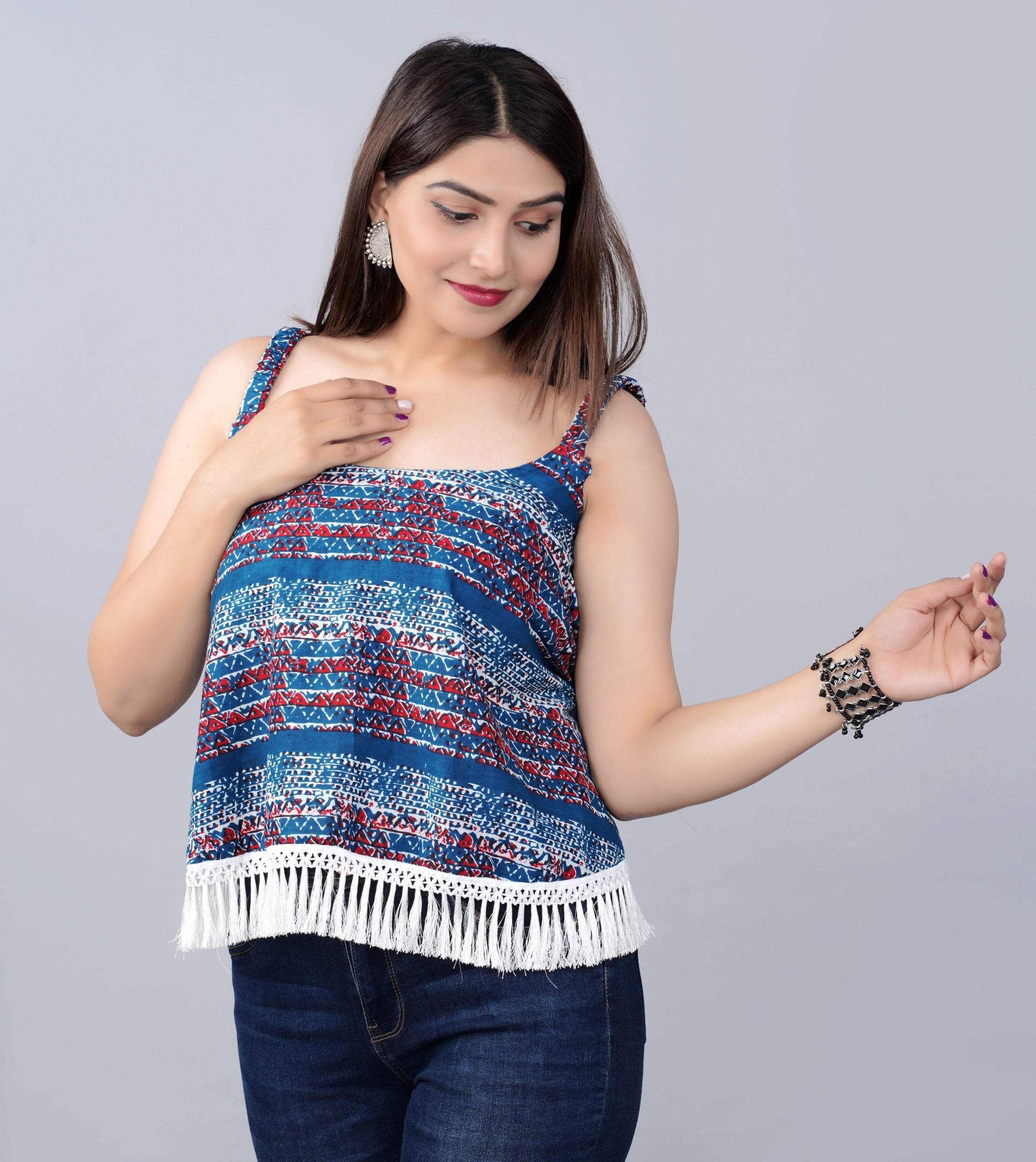 Nira Blue Boho Fringe Top for Women by Vaaki