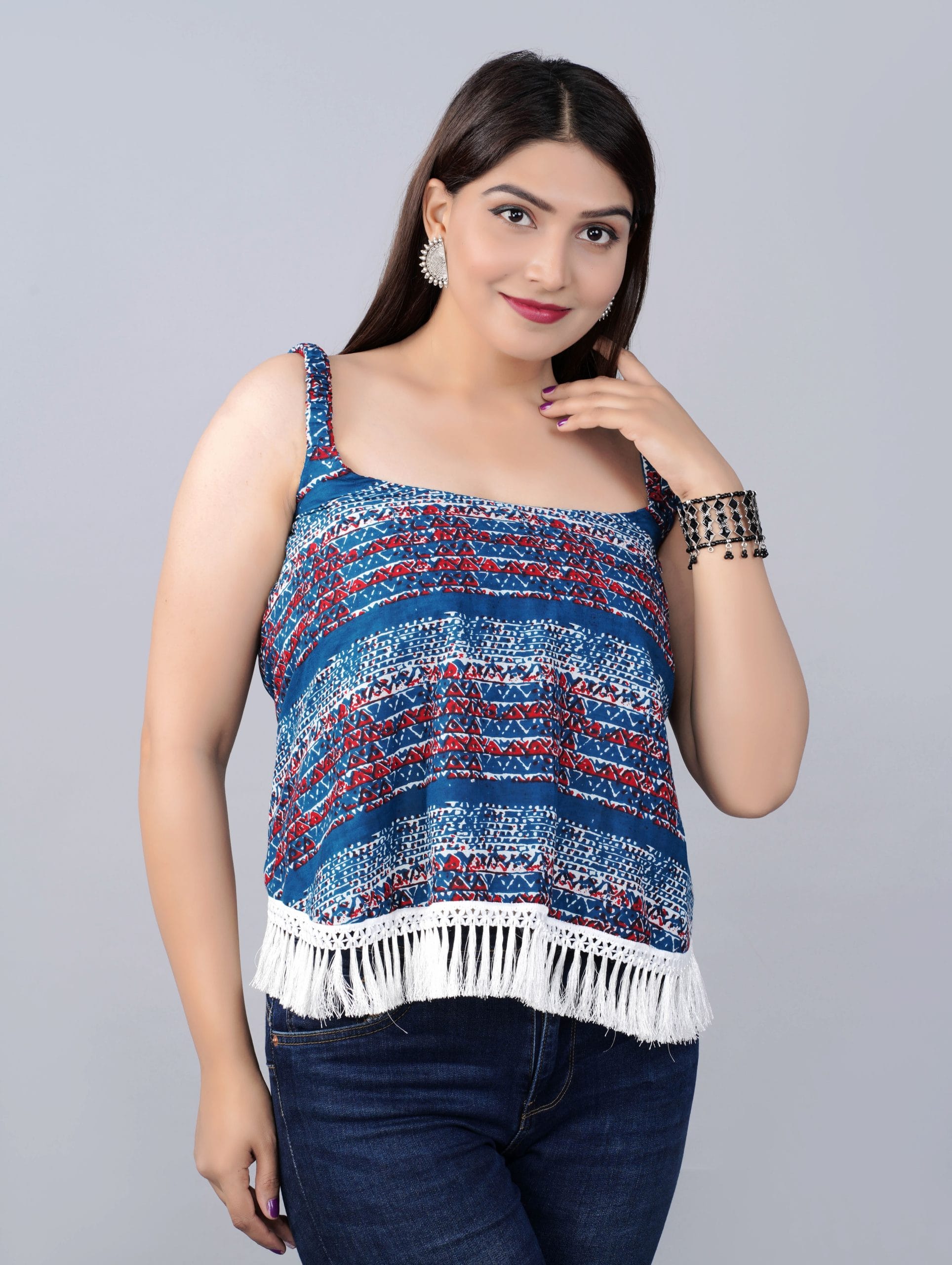 Nira Blue Boho Fringe Top - View 3