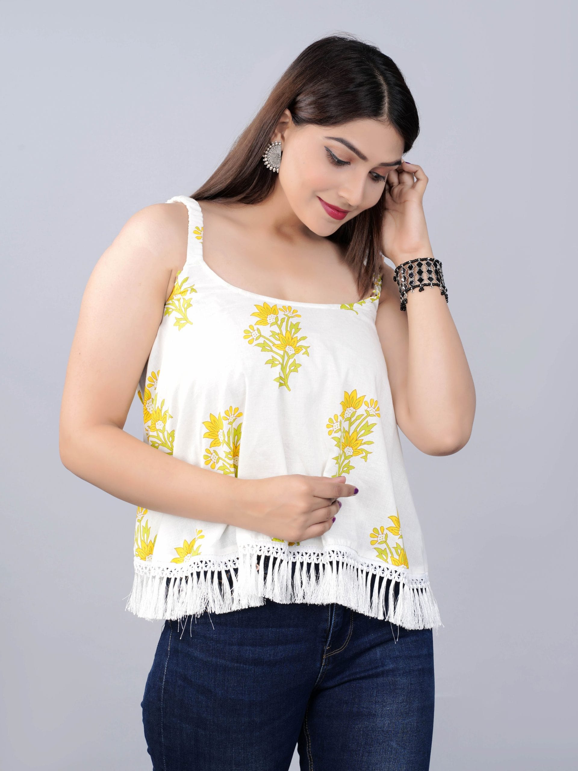 Nira Light Butter Yellow Boho Fringe Top - View 4