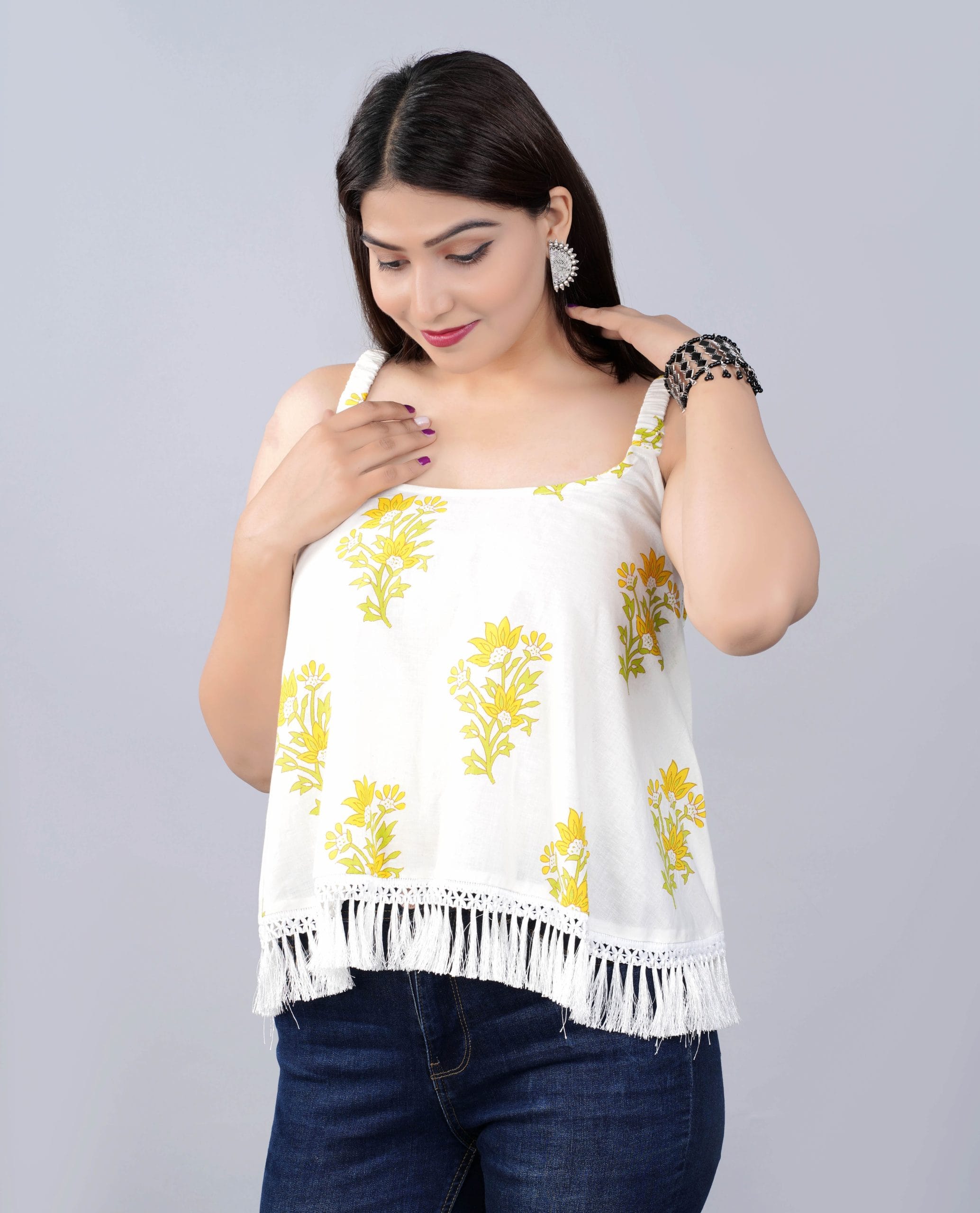 Nira Light Butter Yellow Boho Fringe Top - View 3