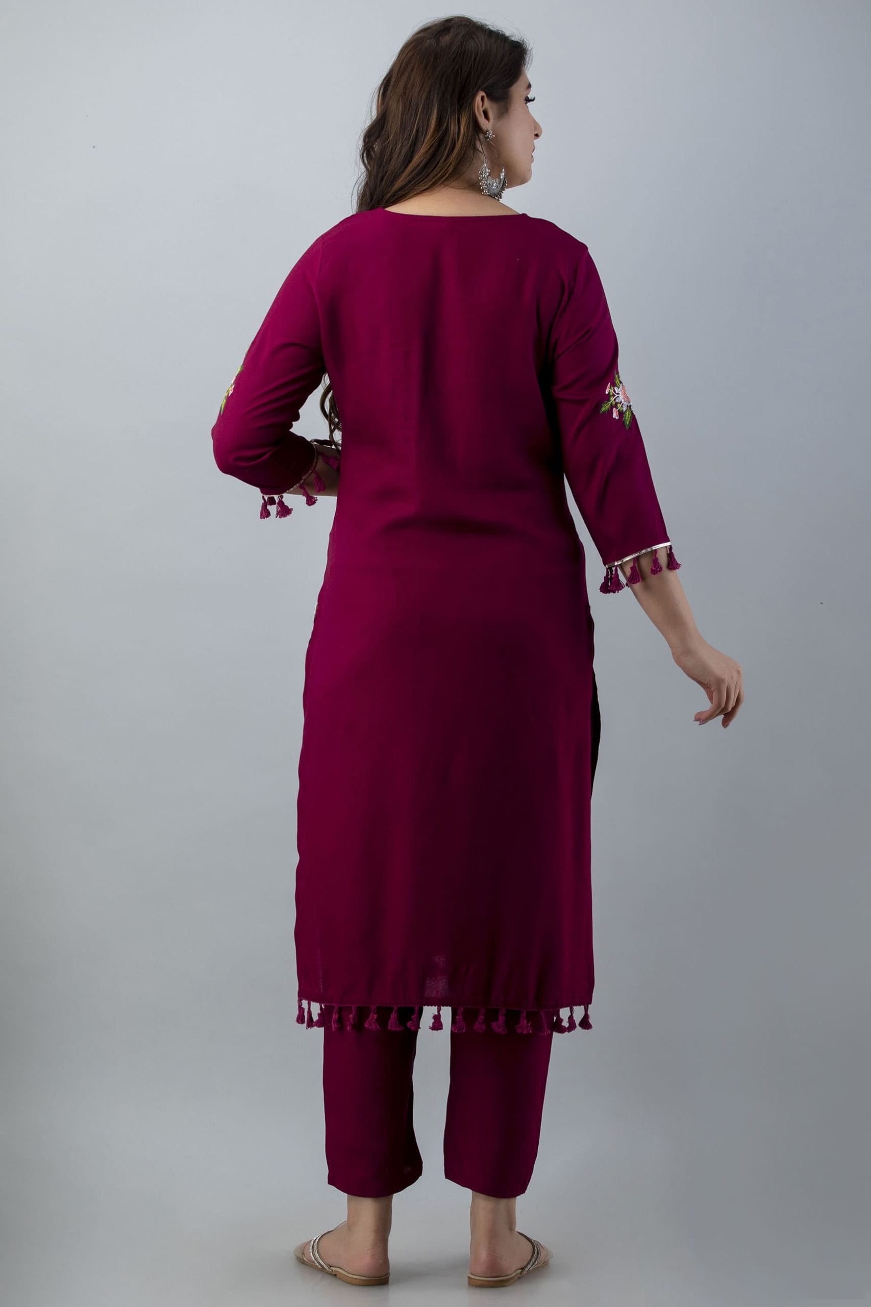 Wine Embroidered Rayon Kurta Set with Dupatta - View 2