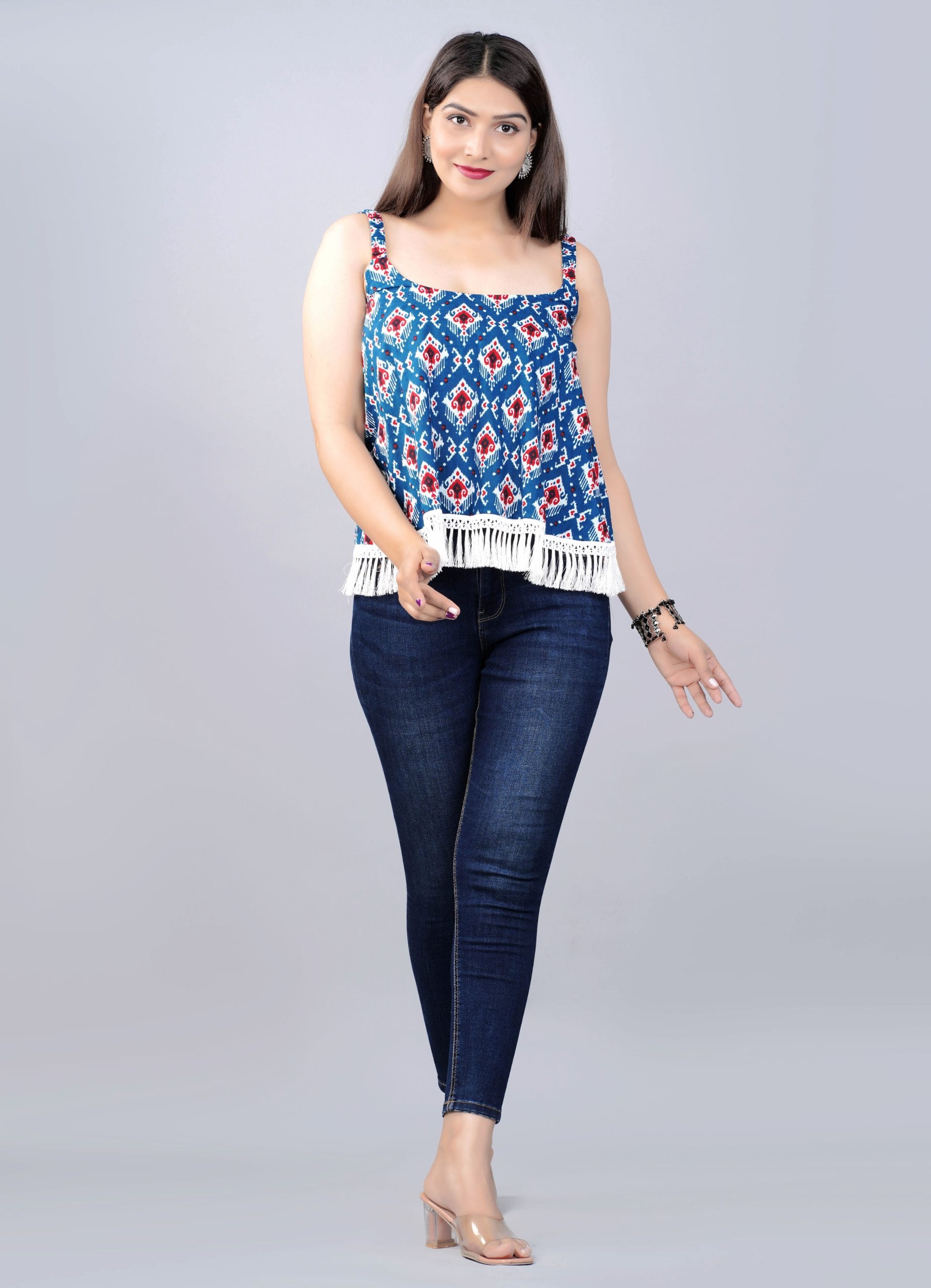 Nira Deep Blue Boho Fringe Top for Women by Vaaki