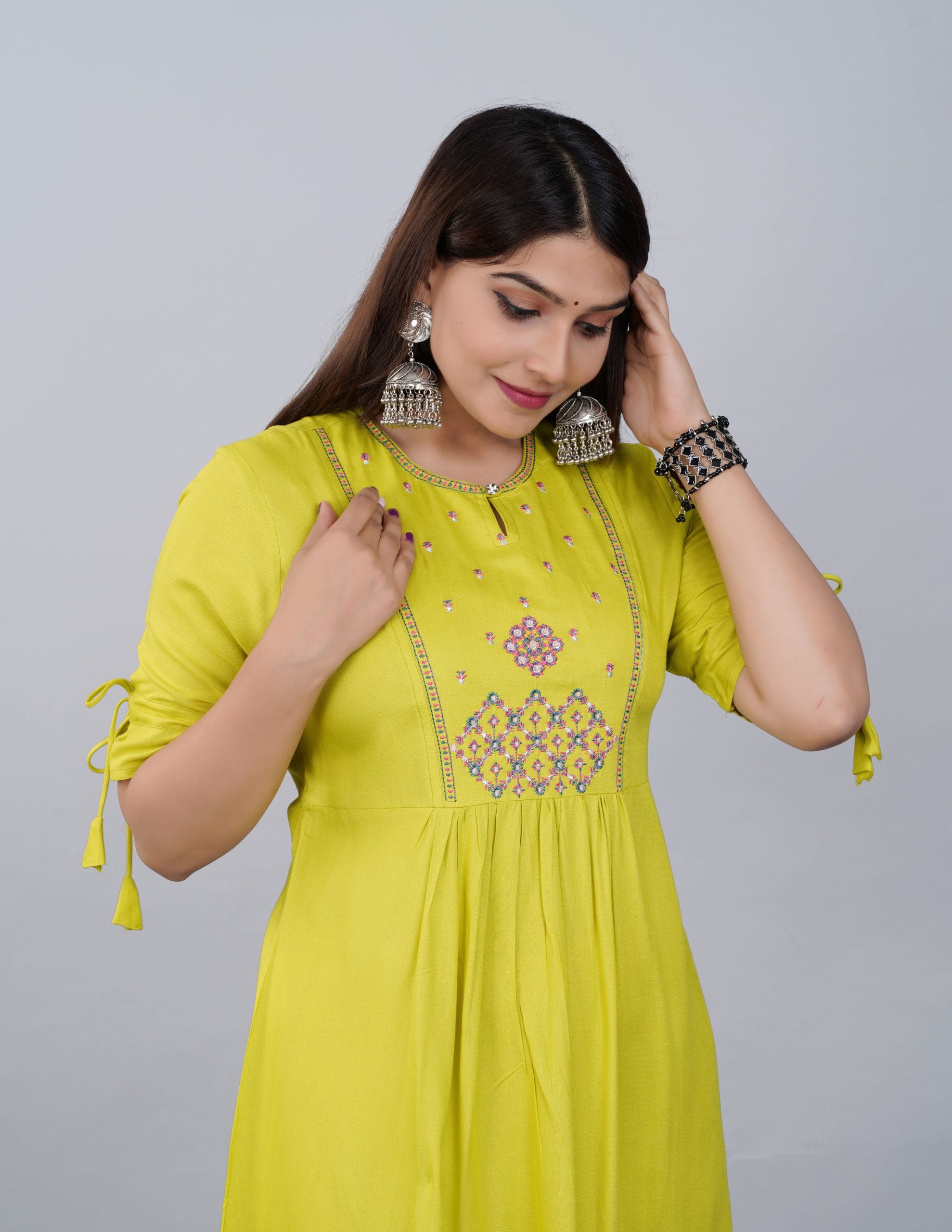 Lime Yellow Embroidered A-Line Kurti Dress - View 3