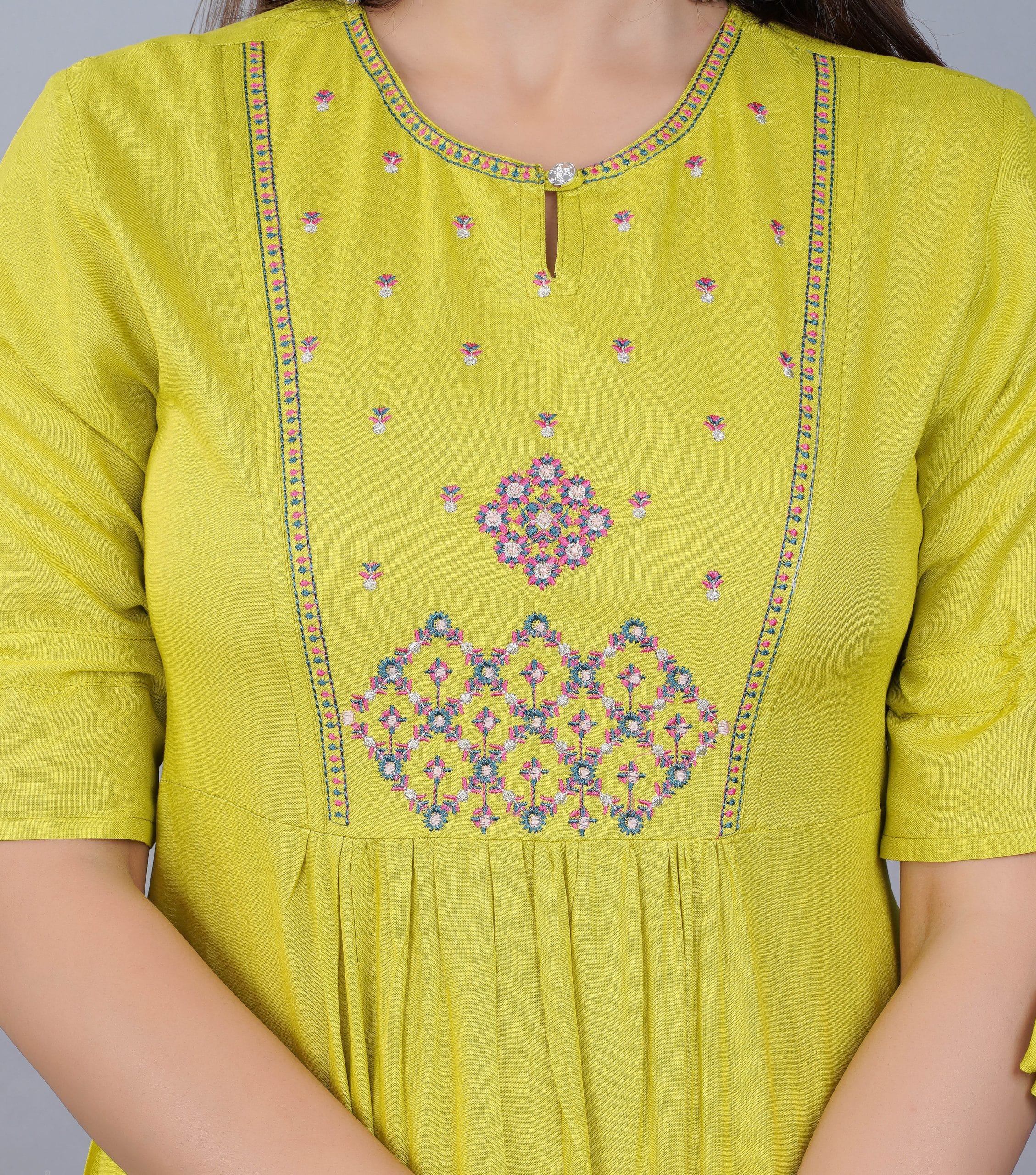 Lime Yellow Embroidered A-Line Kurti Dress - View 4