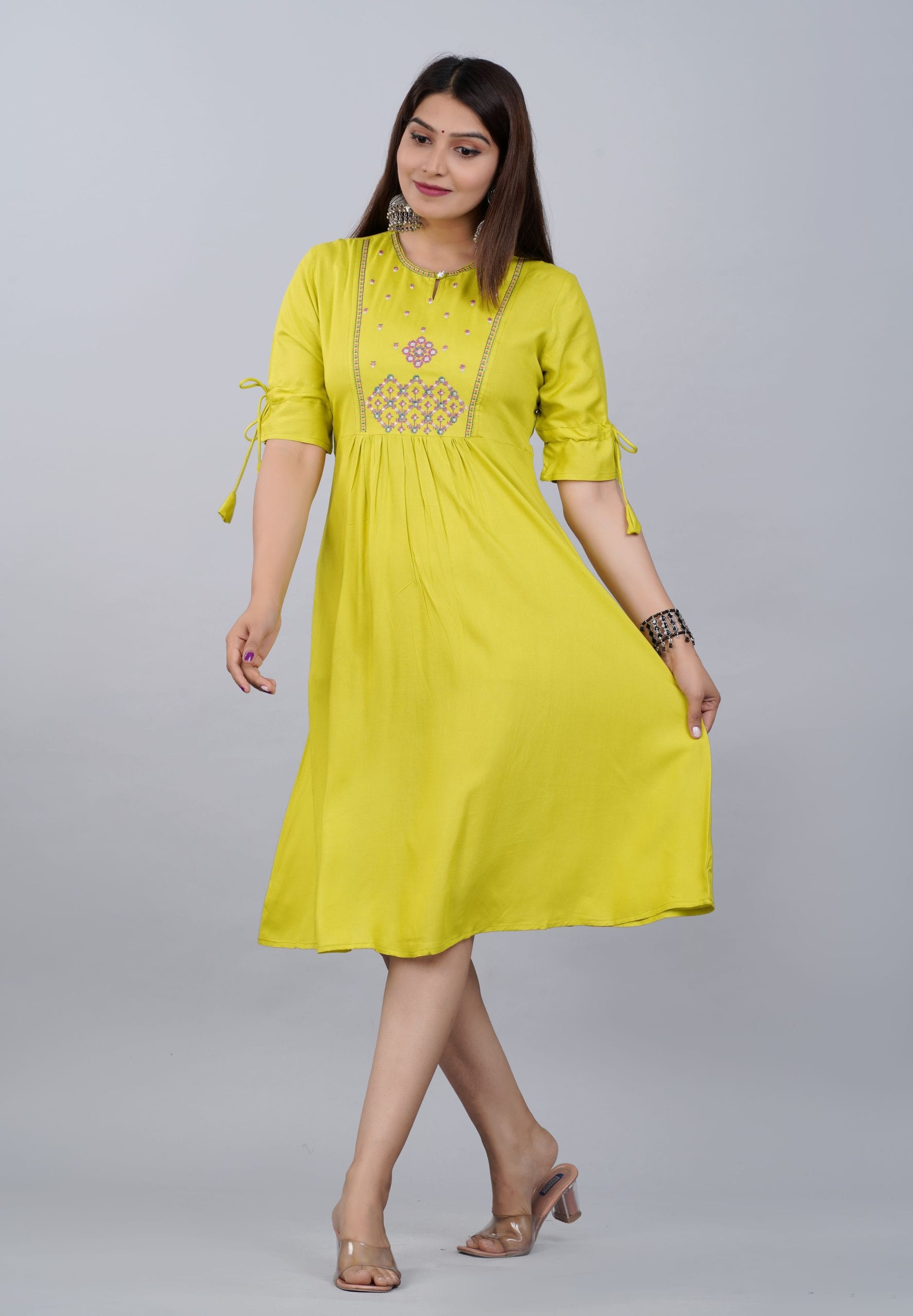 Lime Yellow Embroidered A-Line Kurti Dress - View 5