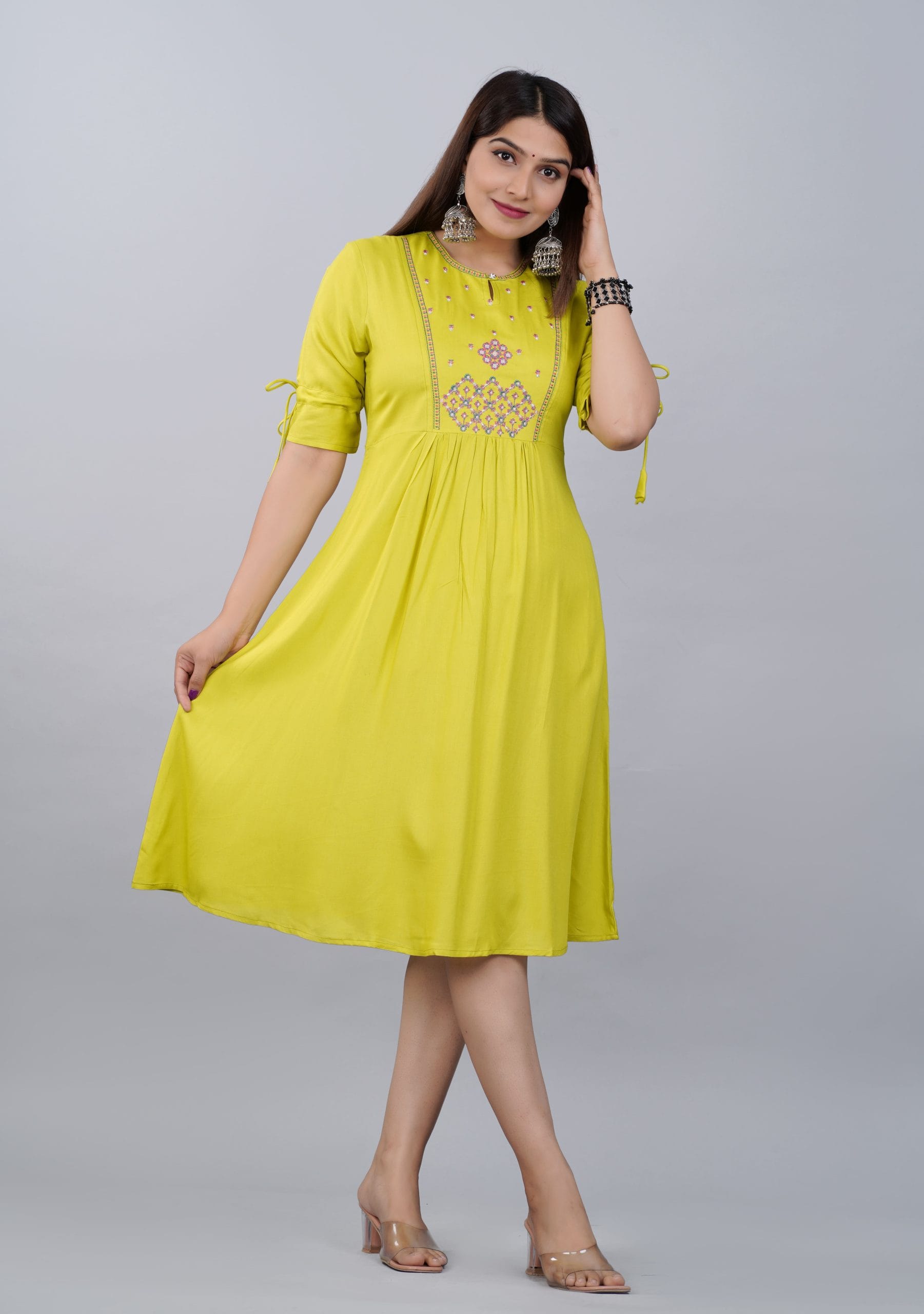 "Lime Yellow Embroidered A-Line Kurti Dress"