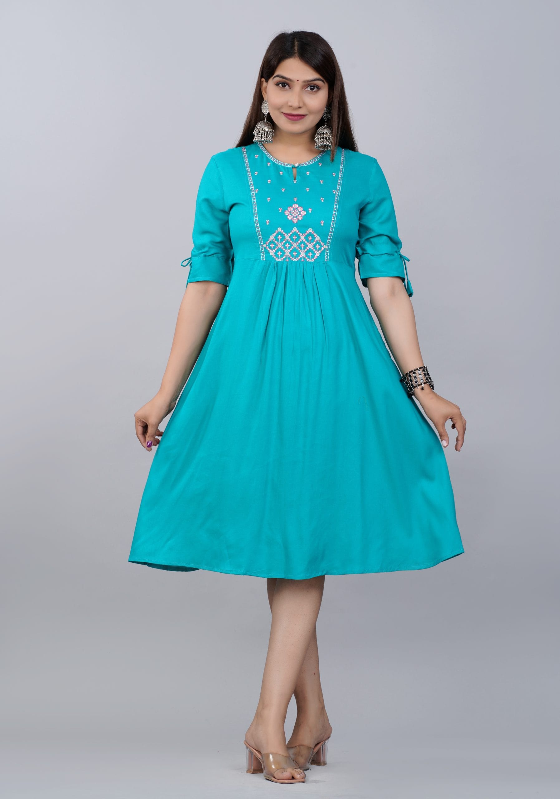 Fuchsia Pink Embroidered Rayon Kurti Dress for Women by Vaaki