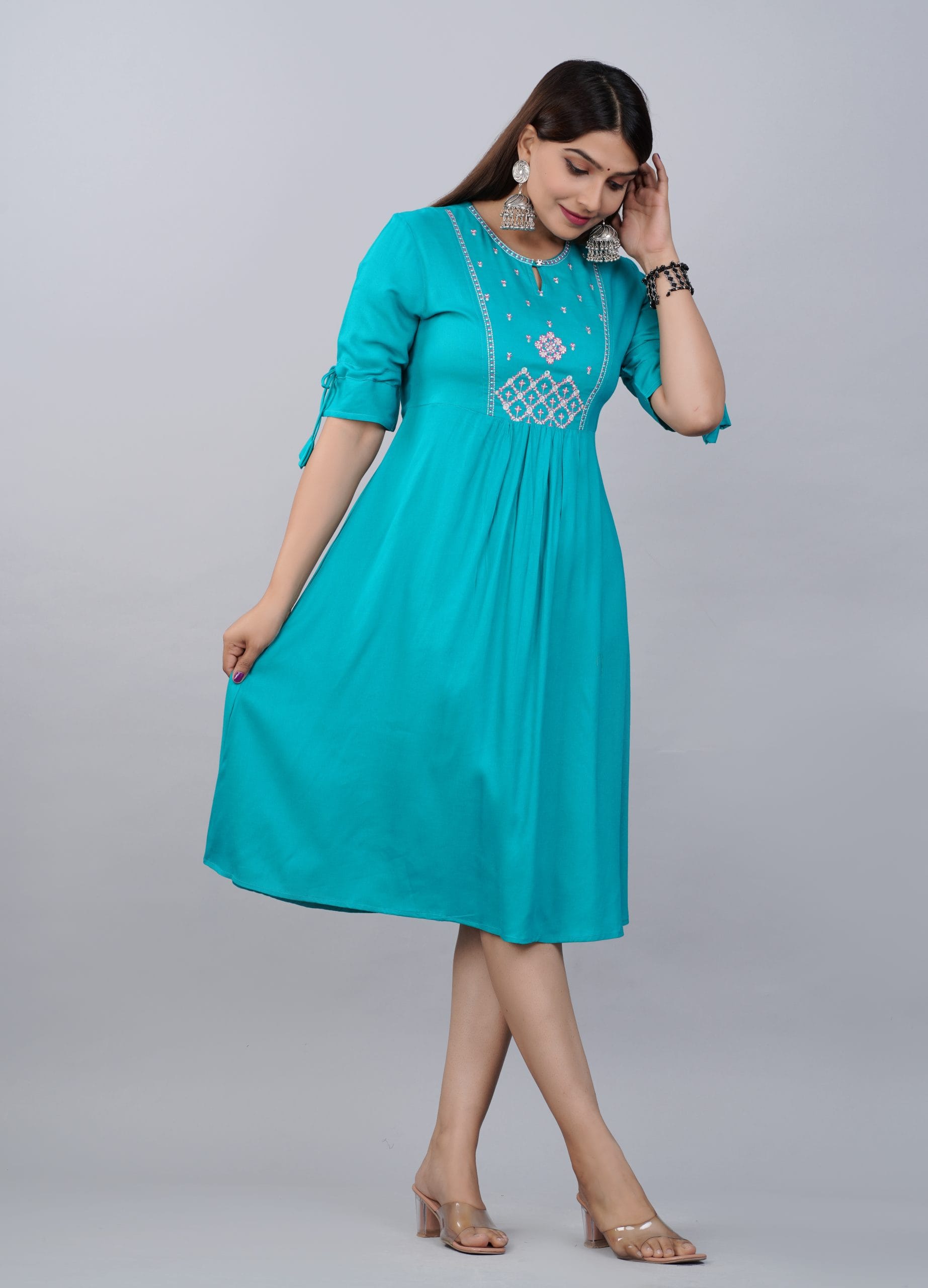 Fuchsia Pink Embroidered  A-Line Kurti Dress - View 3