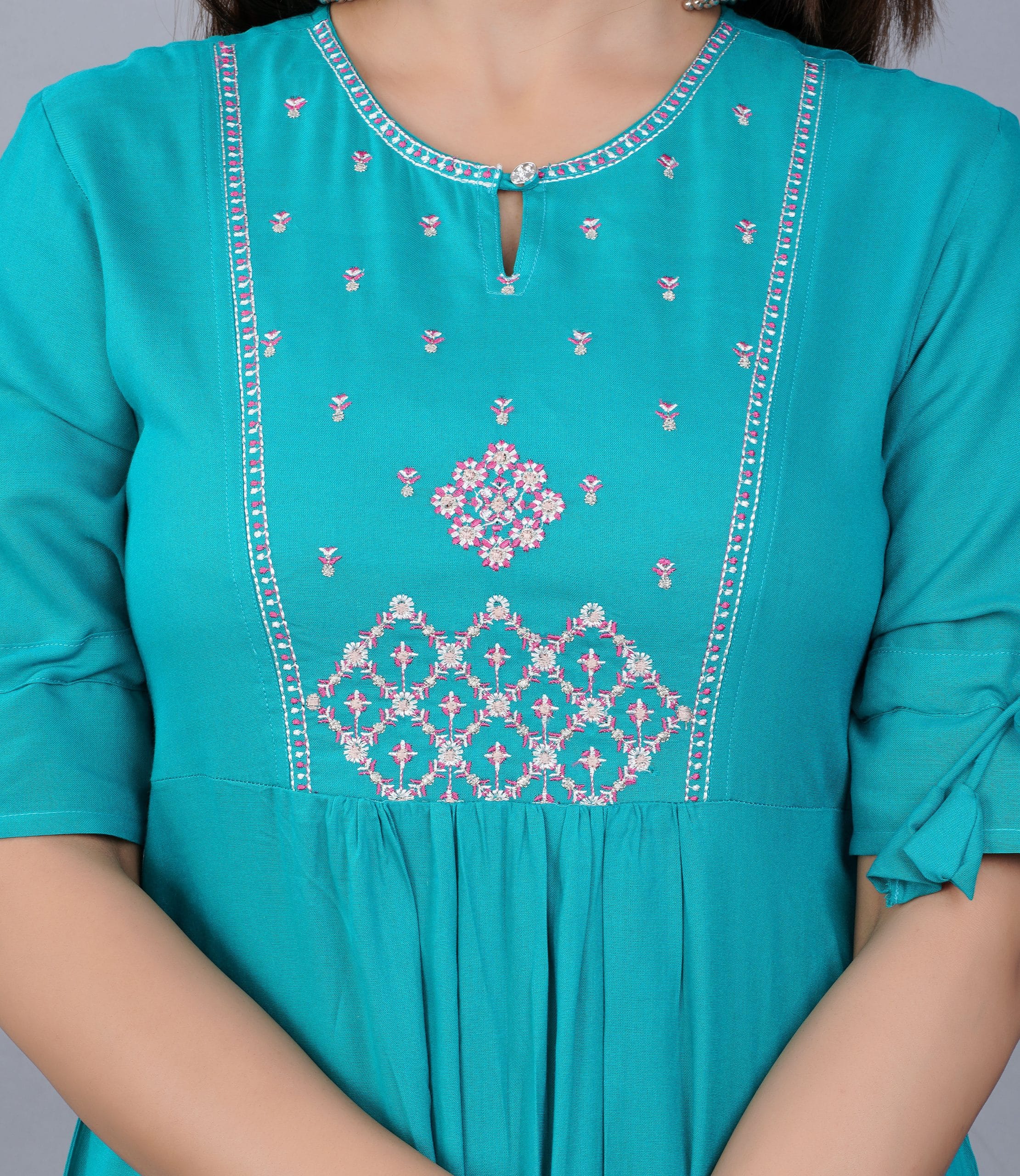 Fuchsia Pink Embroidered  A-Line Kurti Dress - View 4