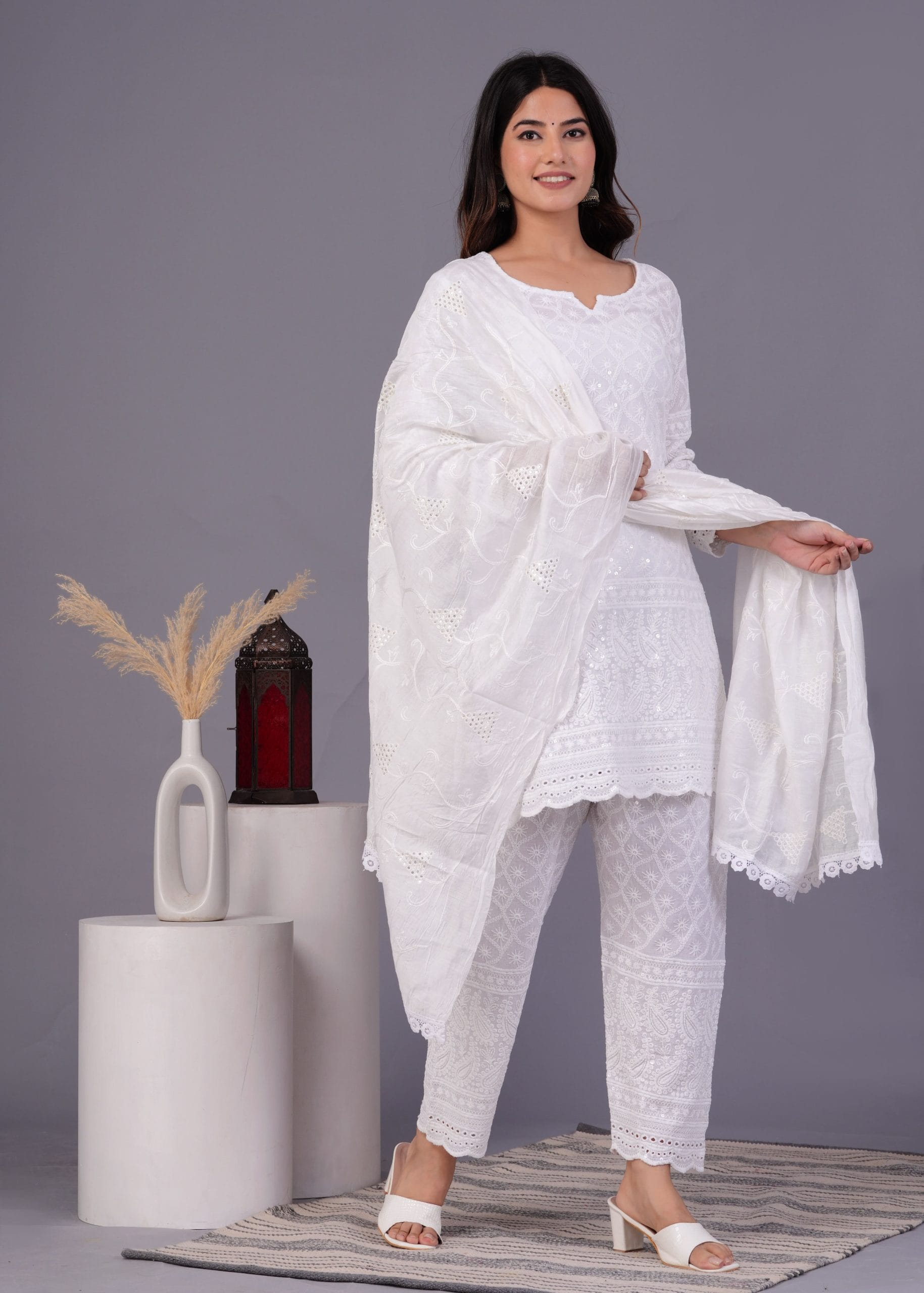 White Cotton Chikankari Kurti Pant Dupatta Set by Vaaki