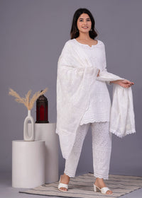 White Cotton Chikankari Kurti Pant Dupatta Set