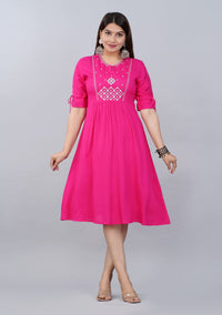 Fuchsia Pink Embroidered  A-Line Kurti