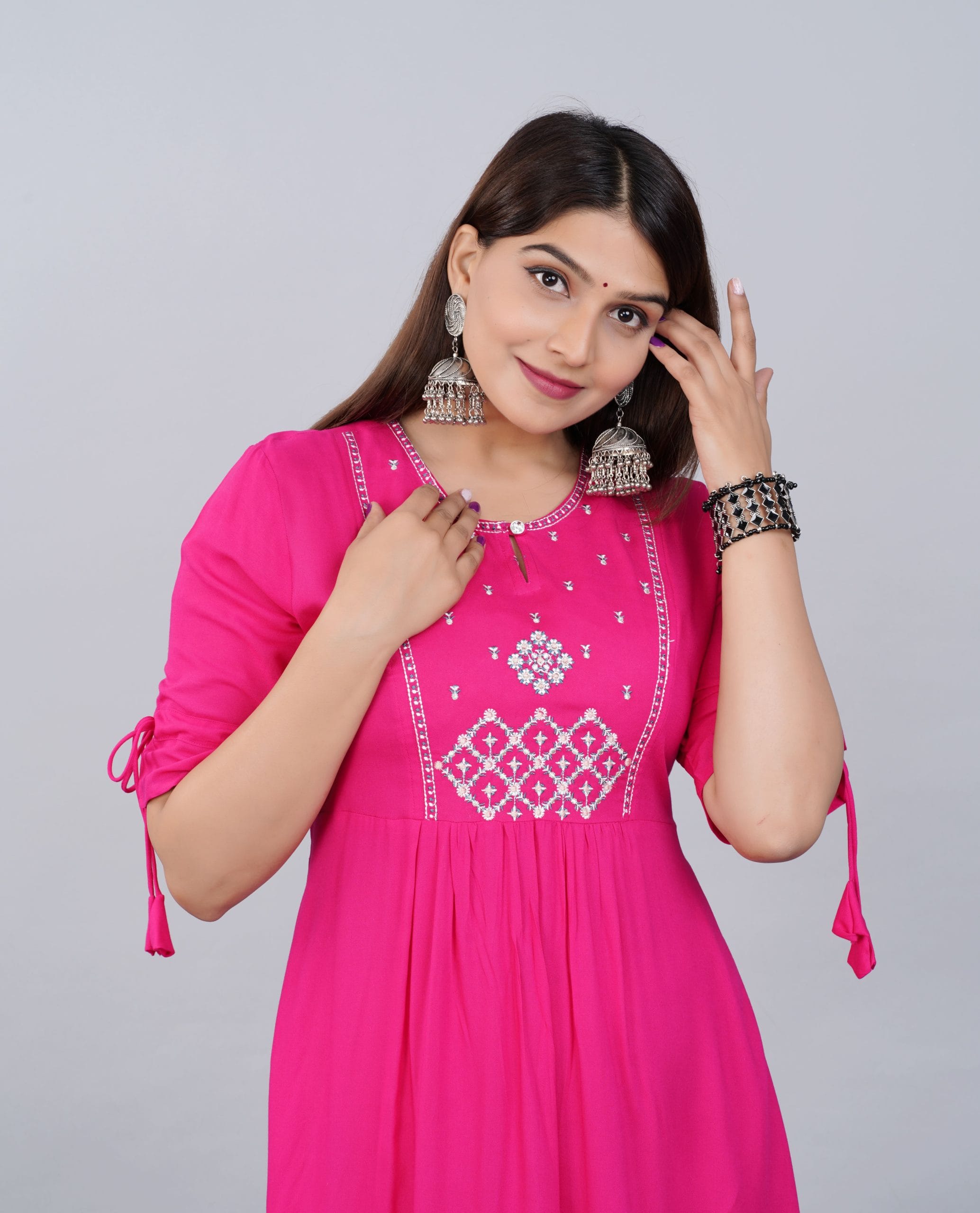 Fuchsia Pink Embroidered  A-Line Kurti - View 5
