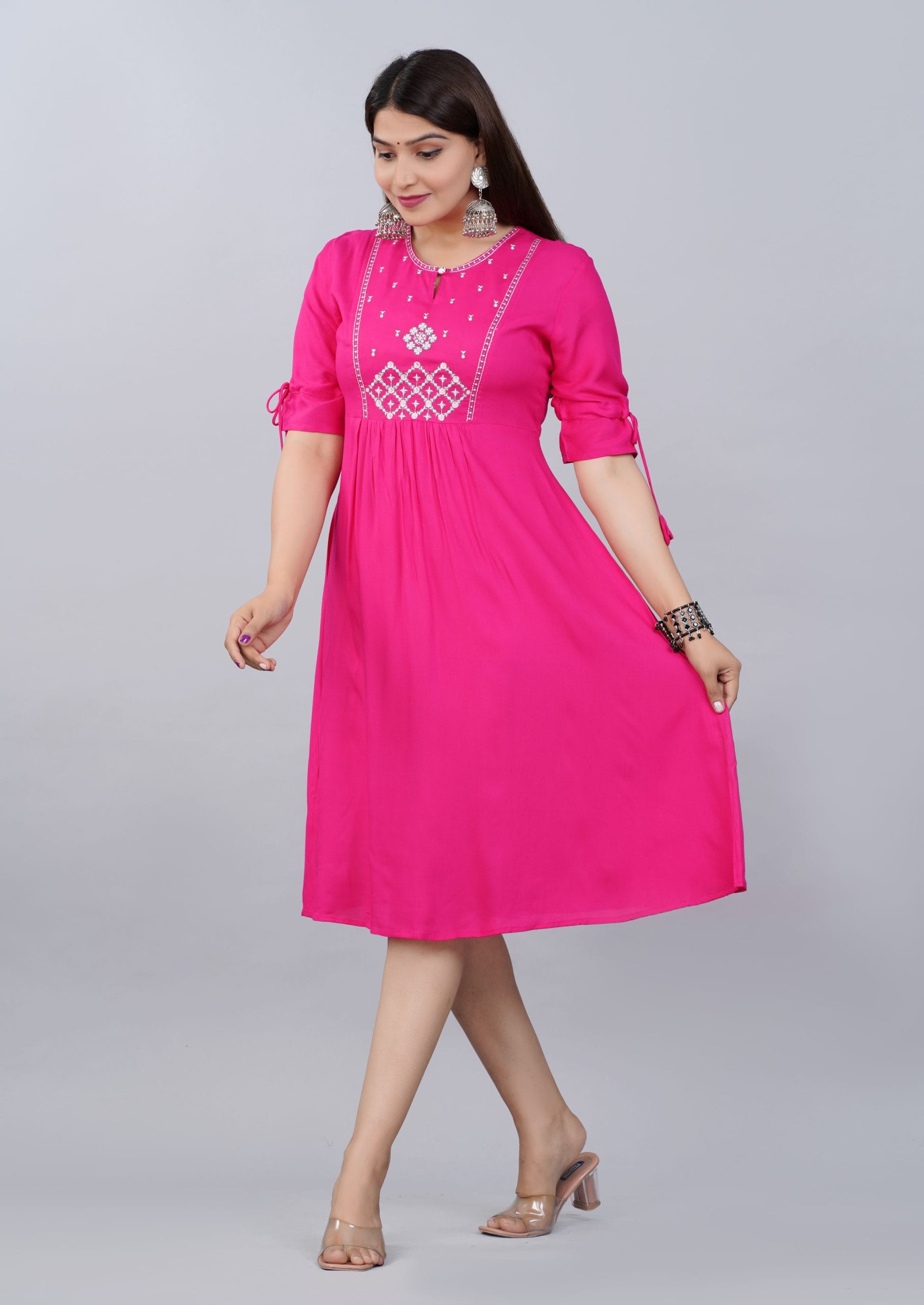 "Fuchsia Pink Embroidered  A-Line Kurti"