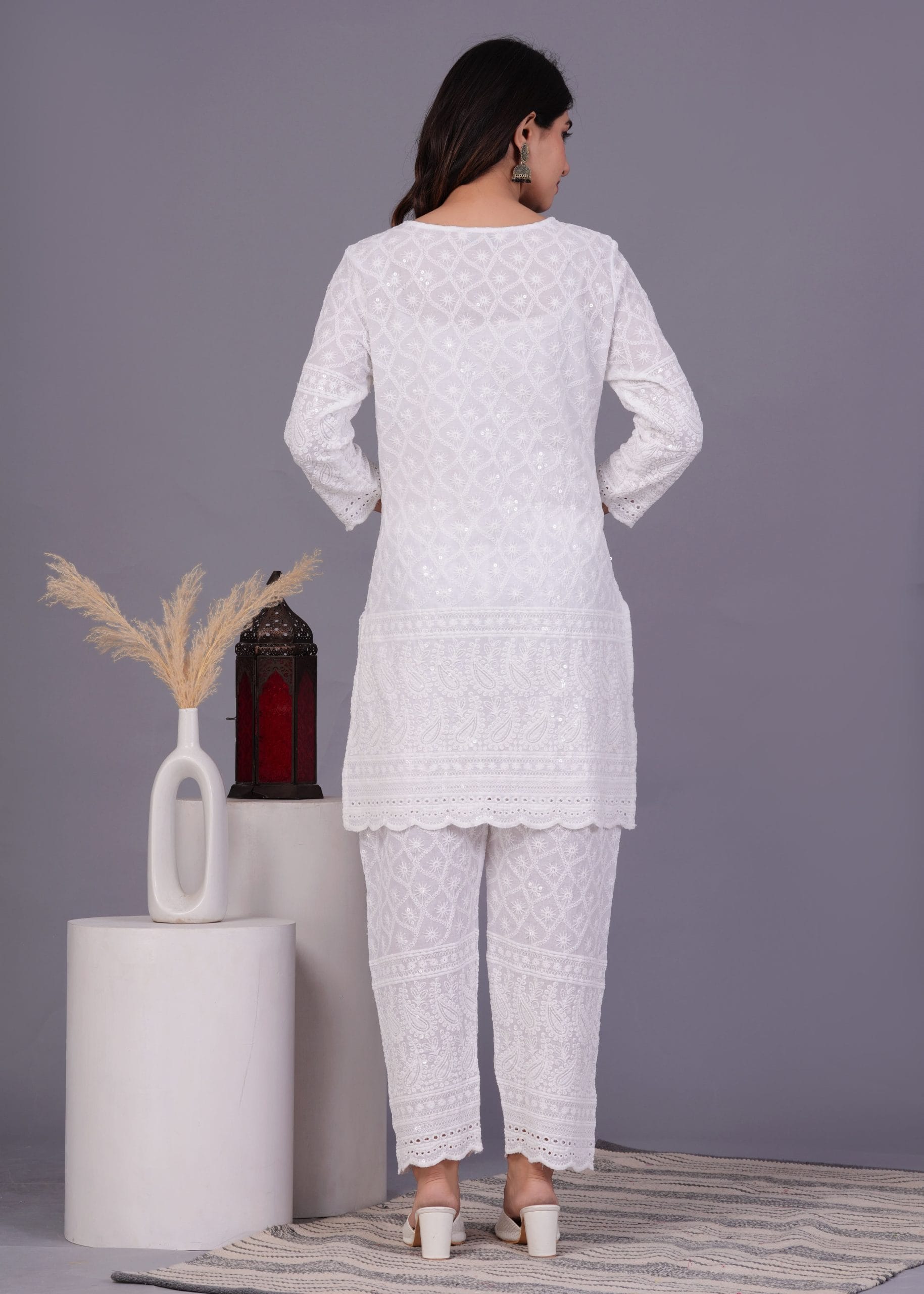 White Cotton Chikankari Kurti Pant Dupatta Set - View 2