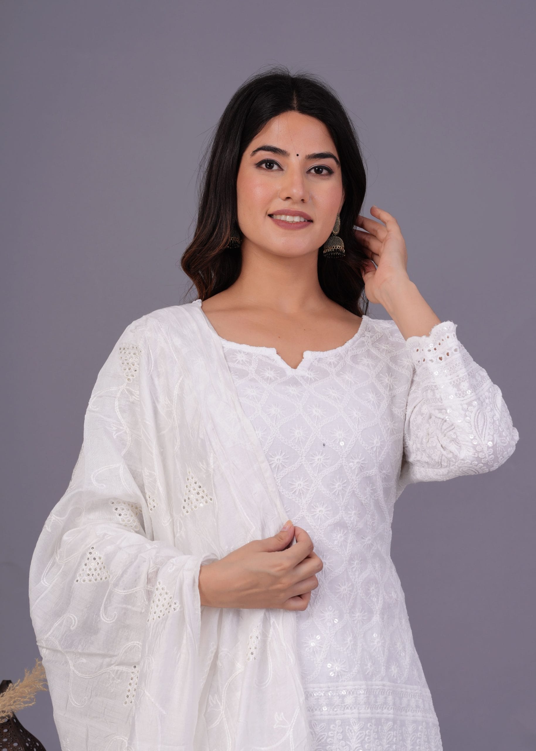 White Cotton Chikankari Kurti Pant Dupatta Set - View 3