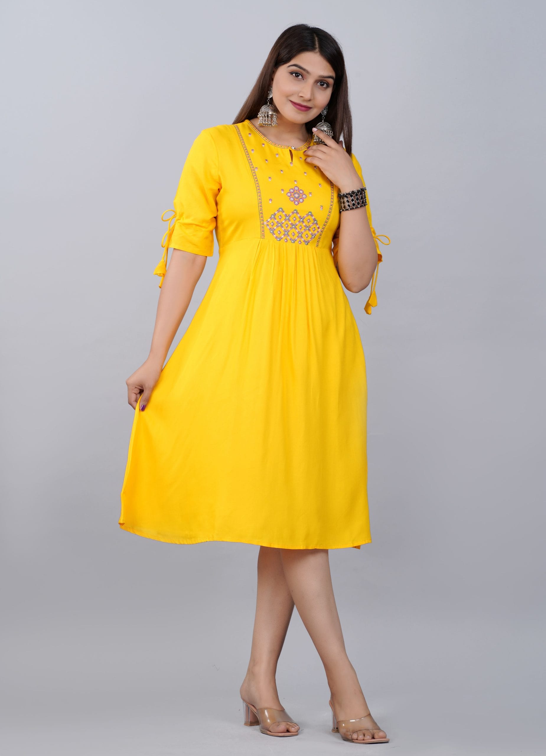 Mustard Yellow Embroidered  A-Line Kurti Dress - View 2