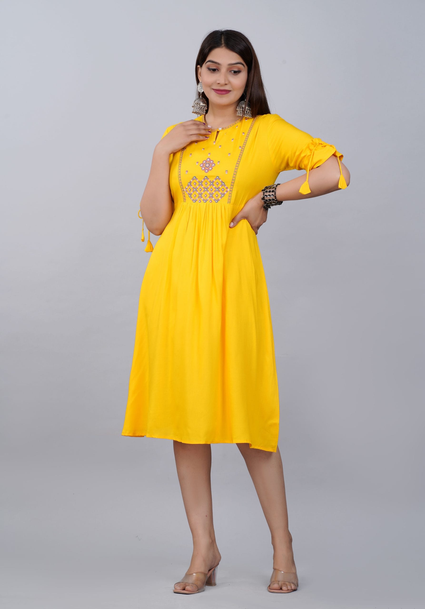 Mustard Yellow Embroidered  A-Line Kurti Dress - View 3