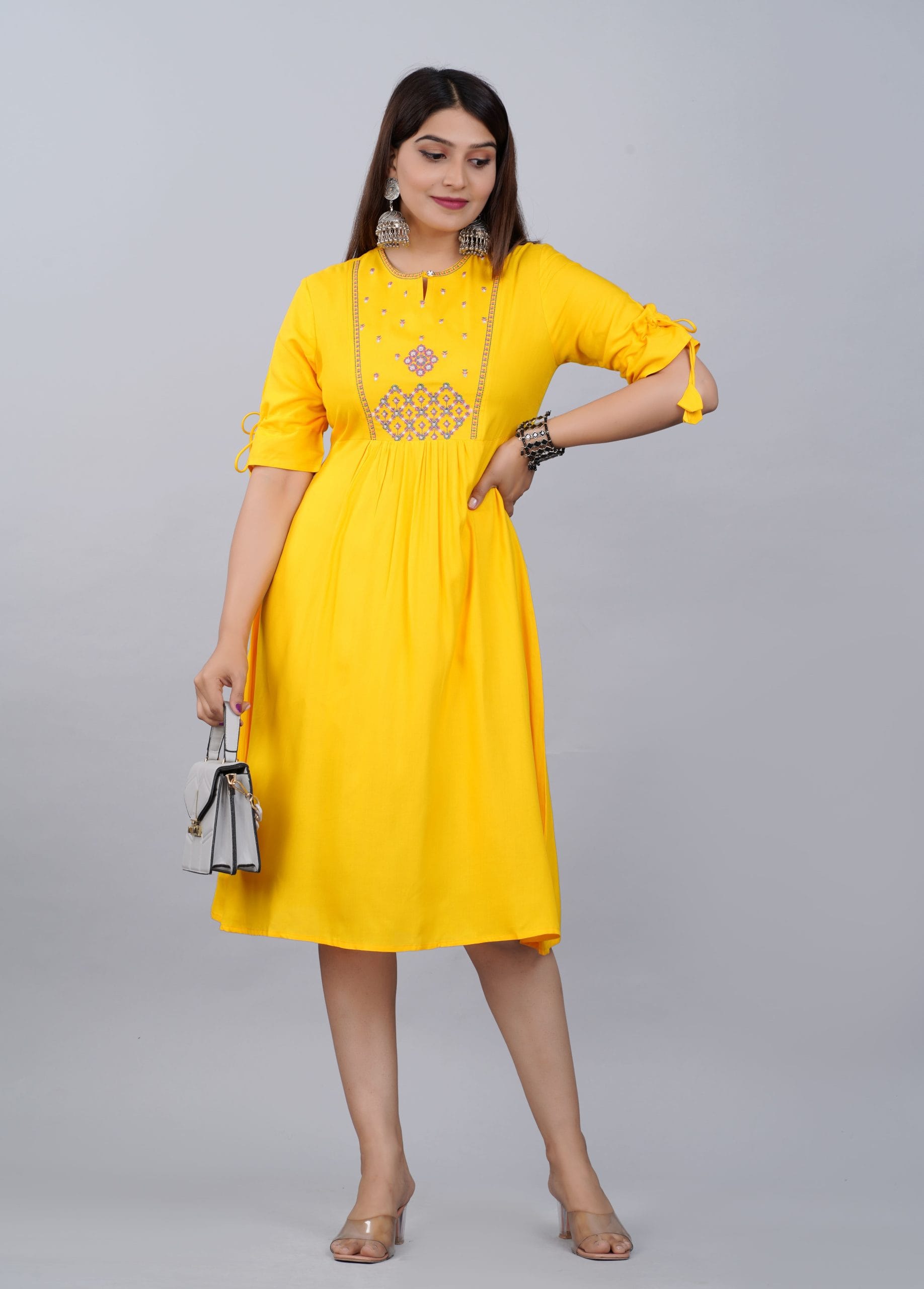 Mustard Yellow Embroidered  A-Line Kurti Dress - View 4