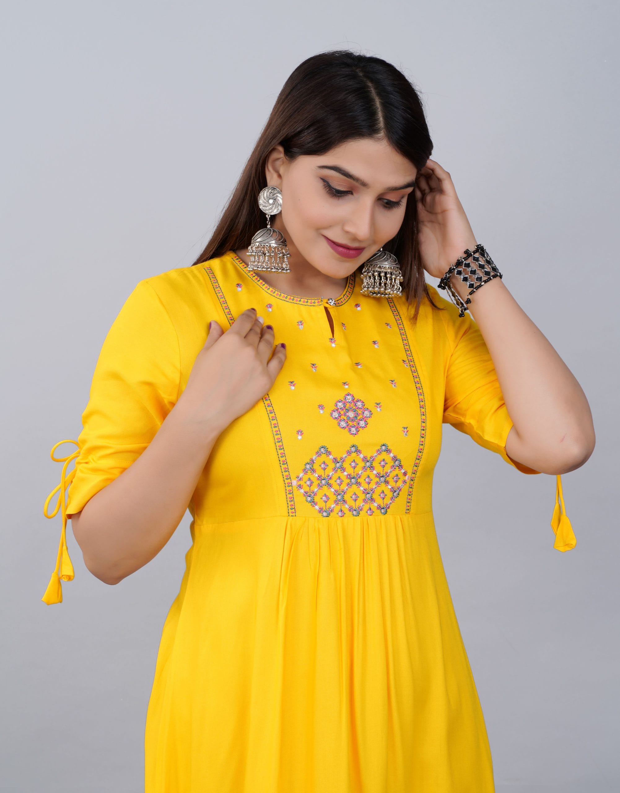 Mustard Yellow Embroidered  A-Line Kurti Dress - View 5