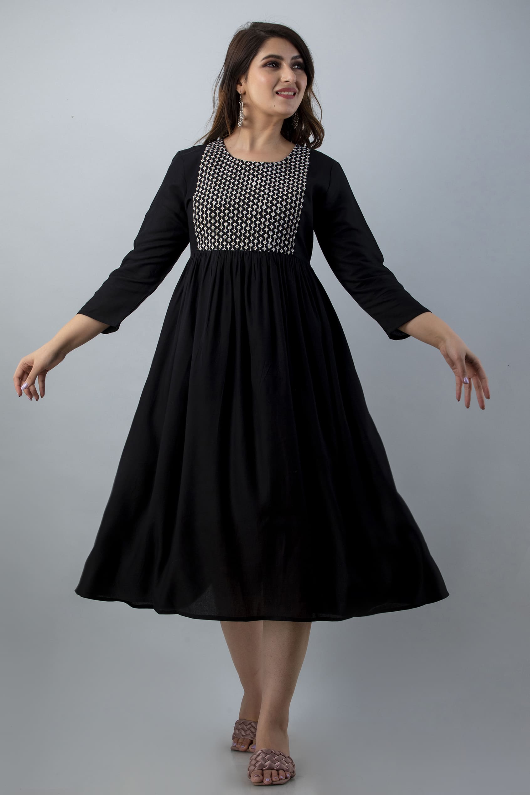 Mithya Black Flared Midi Kurta Dress by Vaaki